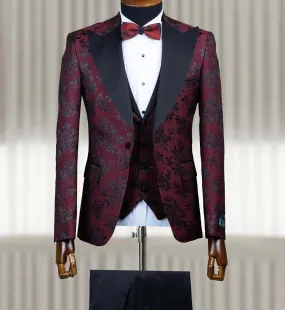 Senzo Rivolli Premium Floral Burgundy 4pc Tuxedo W/ Matching Bowtie