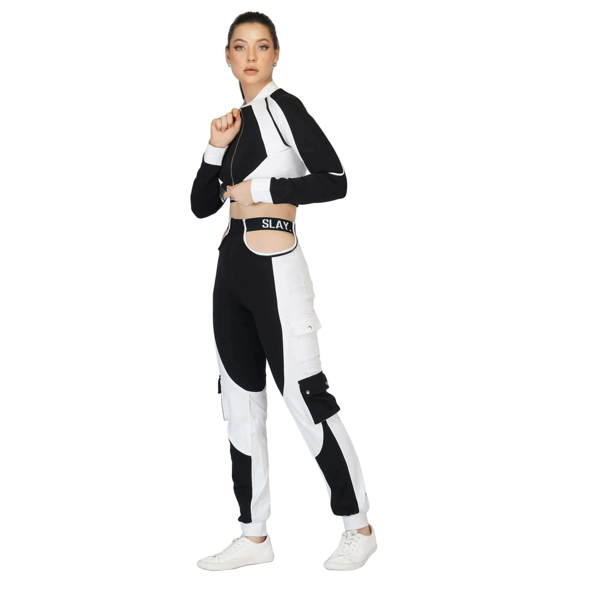 SLAY. Sport Women's Activewear Black & White Colorblock High Waist Cargo Jogger Pants Streetwear