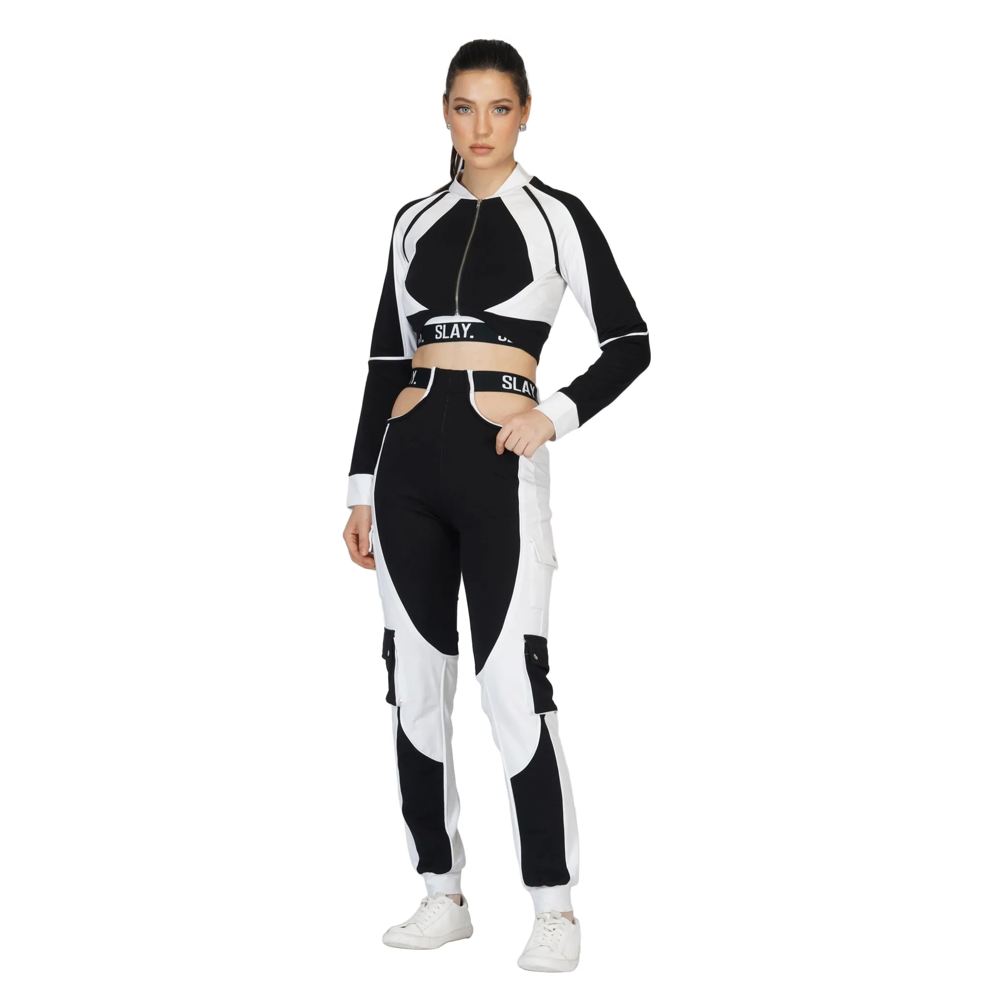 SLAY. Sport Women's Activewear Black & White Colorblock High Waist Cargo Jogger Pants Streetwear