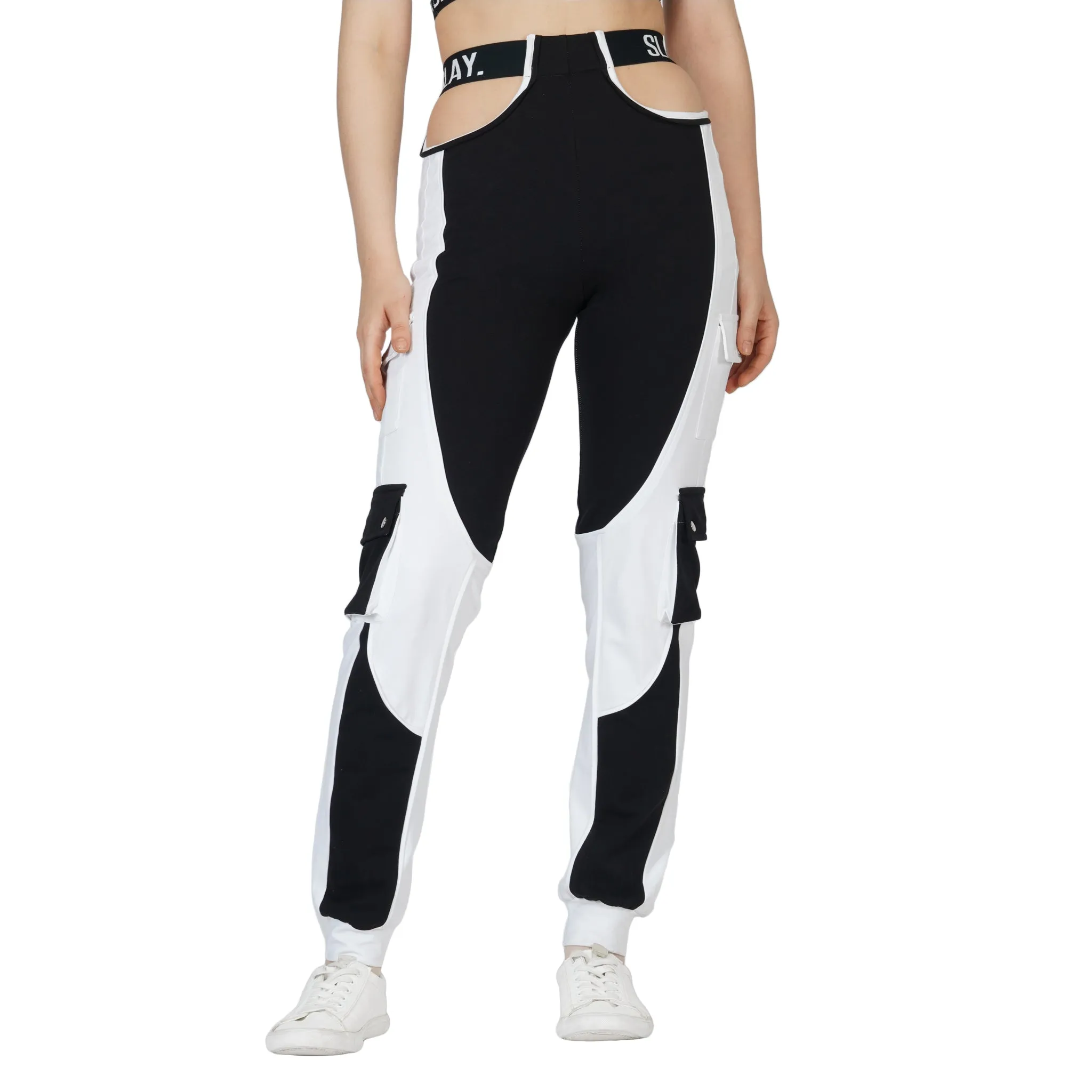 SLAY. Sport Women's Activewear Black & White Colorblock High Waist Cargo Jogger Pants Streetwear