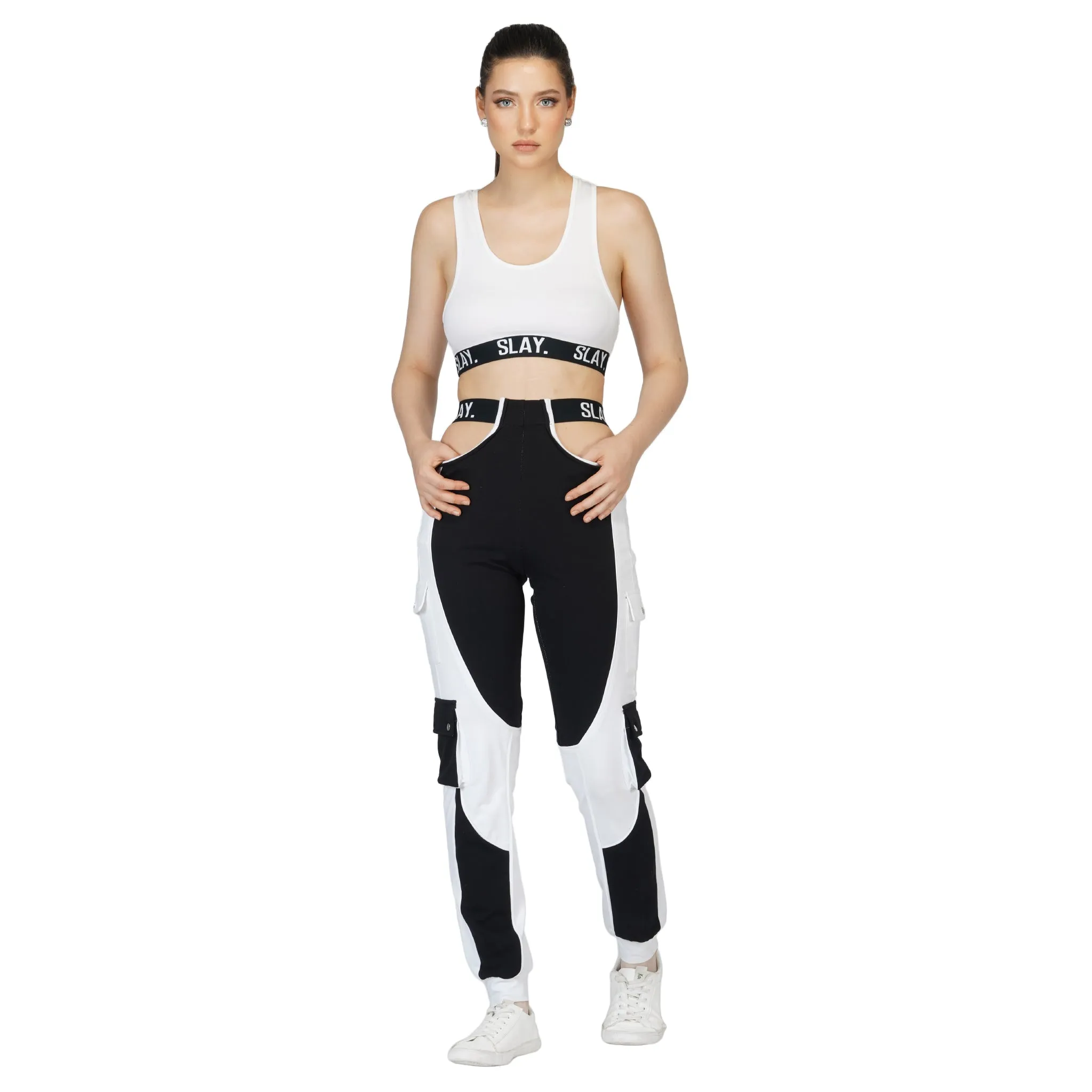 SLAY. Sport Women's Activewear Black & White Colorblock High Waist Cargo Jogger Pants Streetwear