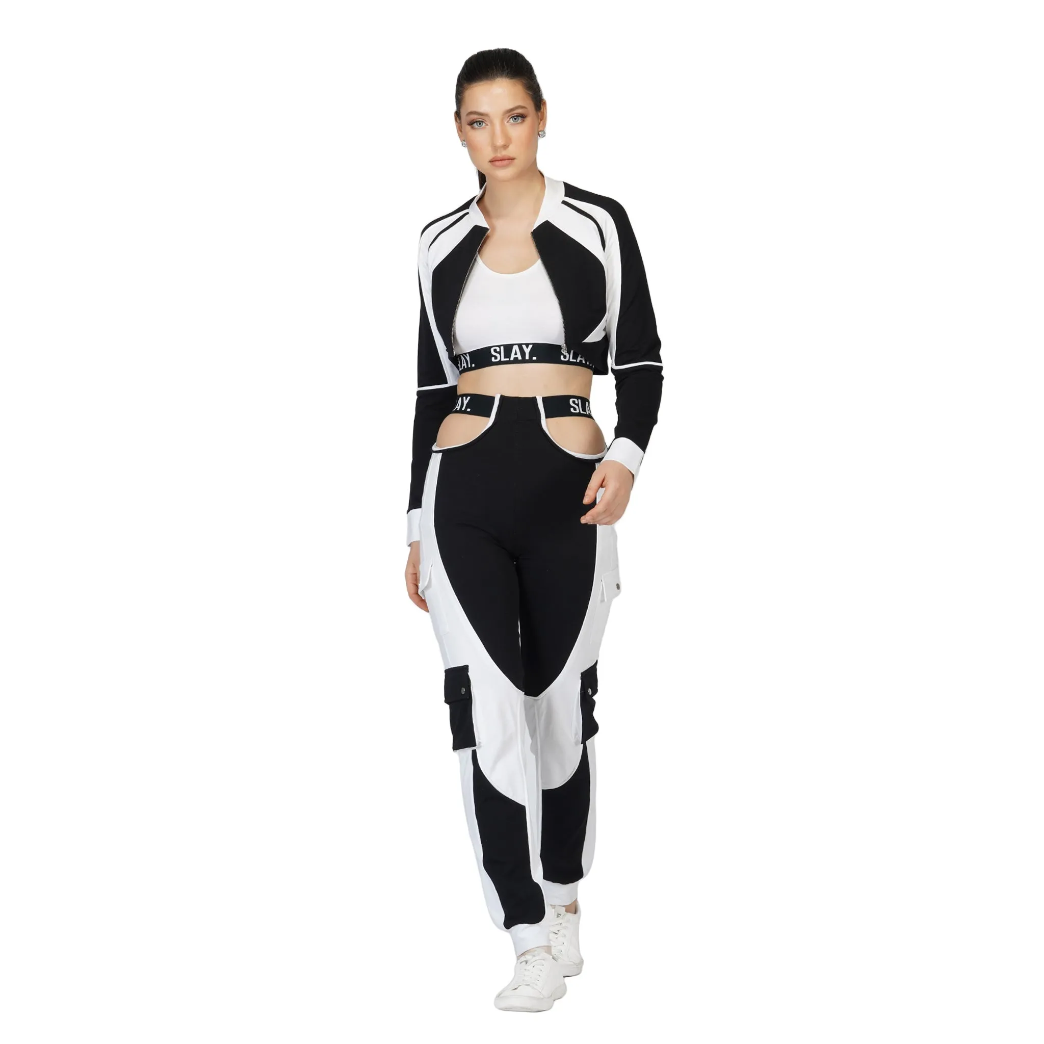 SLAY. Sport Women's Activewear Black & White Colorblock High Waist Cargo Jogger Pants Streetwear