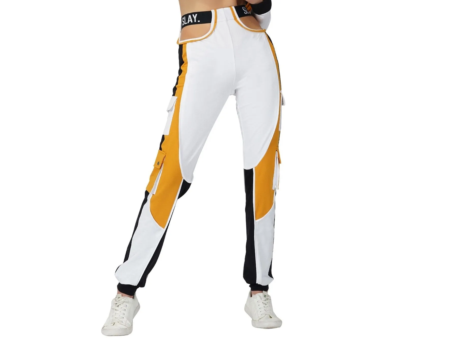 SLAY. Women's Activewear High Waist White Mustard Colorblock Cargo Jogger Pants Streetwear