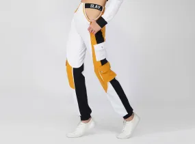 SLAY. Women's Activewear High Waist White Mustard Colorblock Cargo Jogger Pants Streetwear