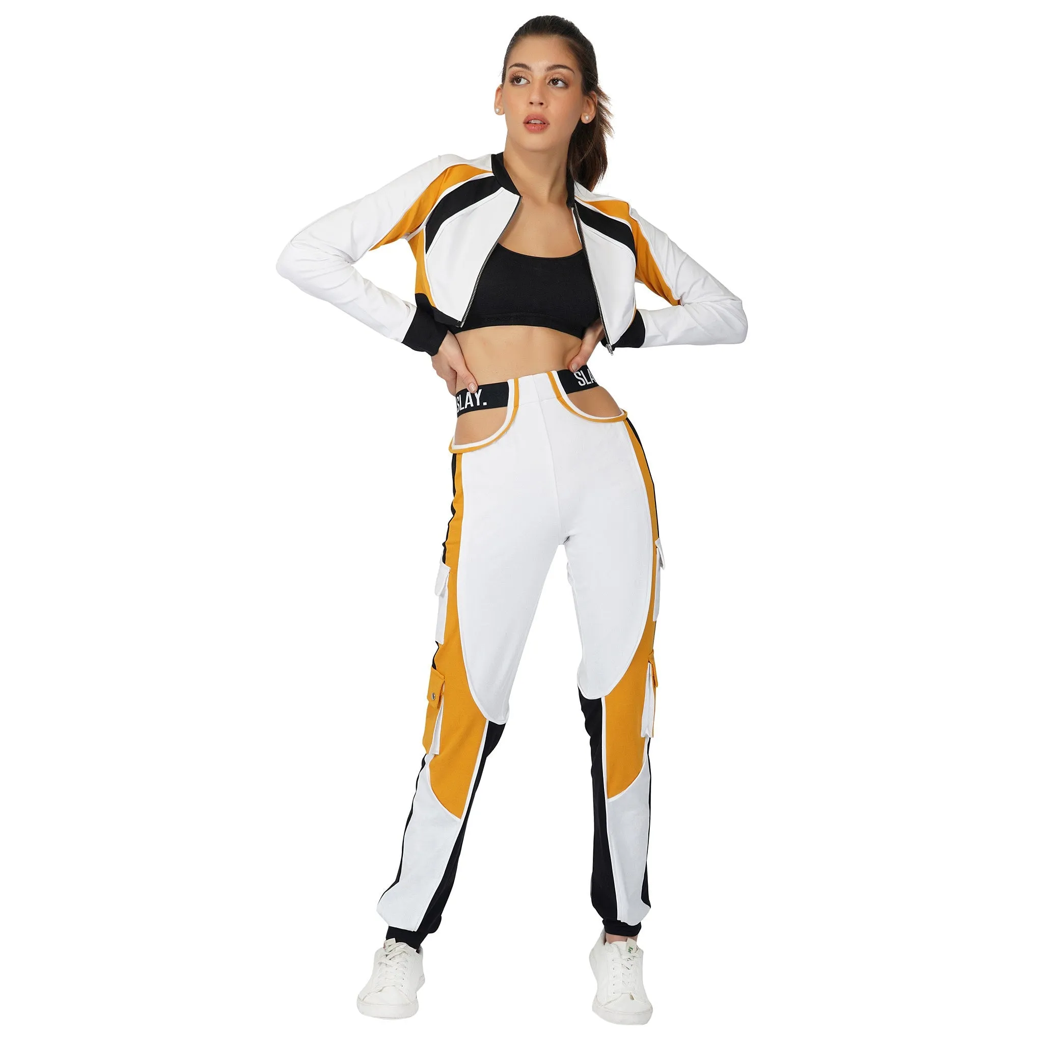 SLAY. Women's Activewear High Waist White Mustard Colorblock Cargo Jogger Pants Streetwear