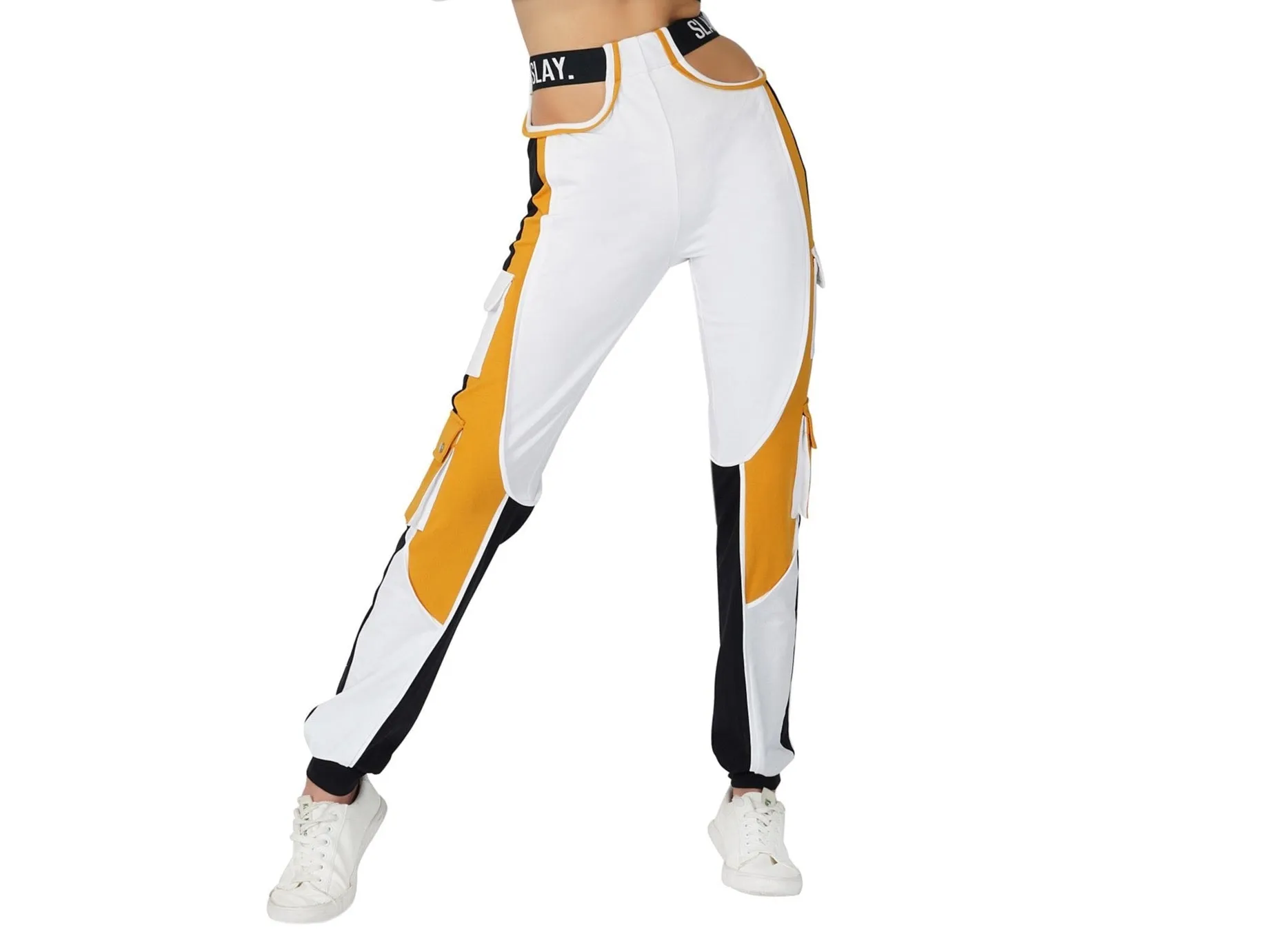 SLAY. Women's Activewear High Waist White Mustard Colorblock Cargo Jogger Pants Streetwear