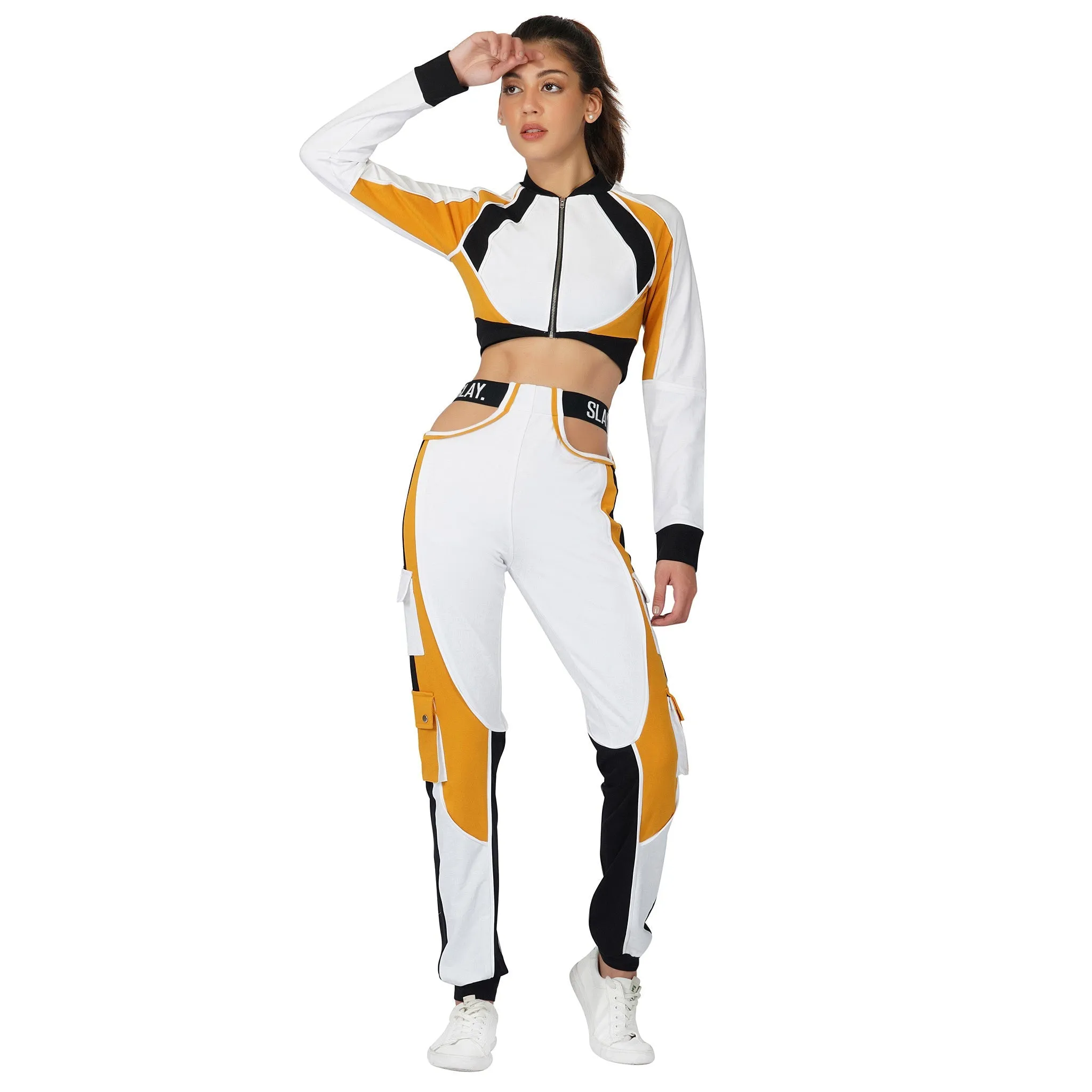 SLAY. Women's Activewear High Waist White Mustard Colorblock Cargo Jogger Pants Streetwear