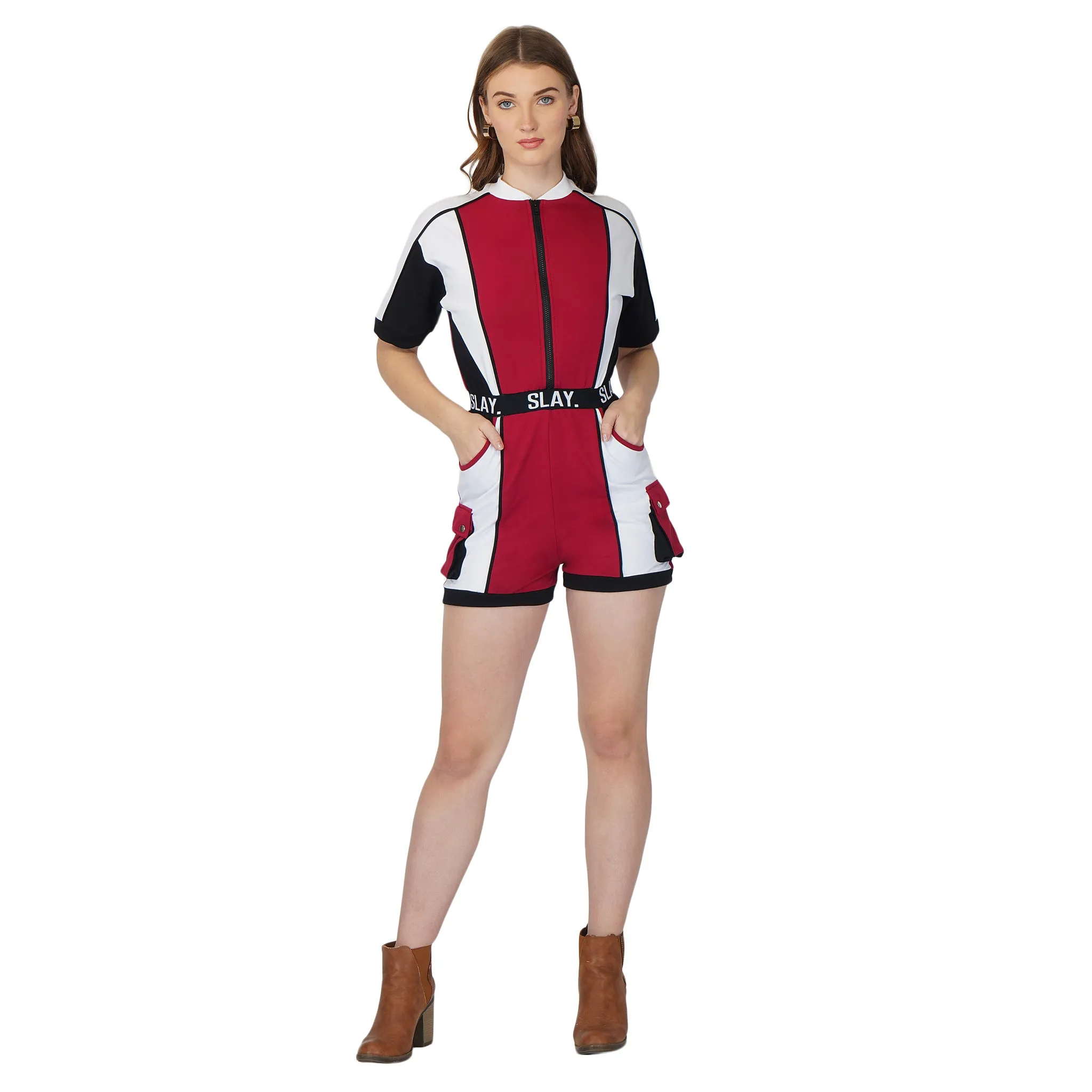 SLAY. Women's Colorblock Romper Red Black White