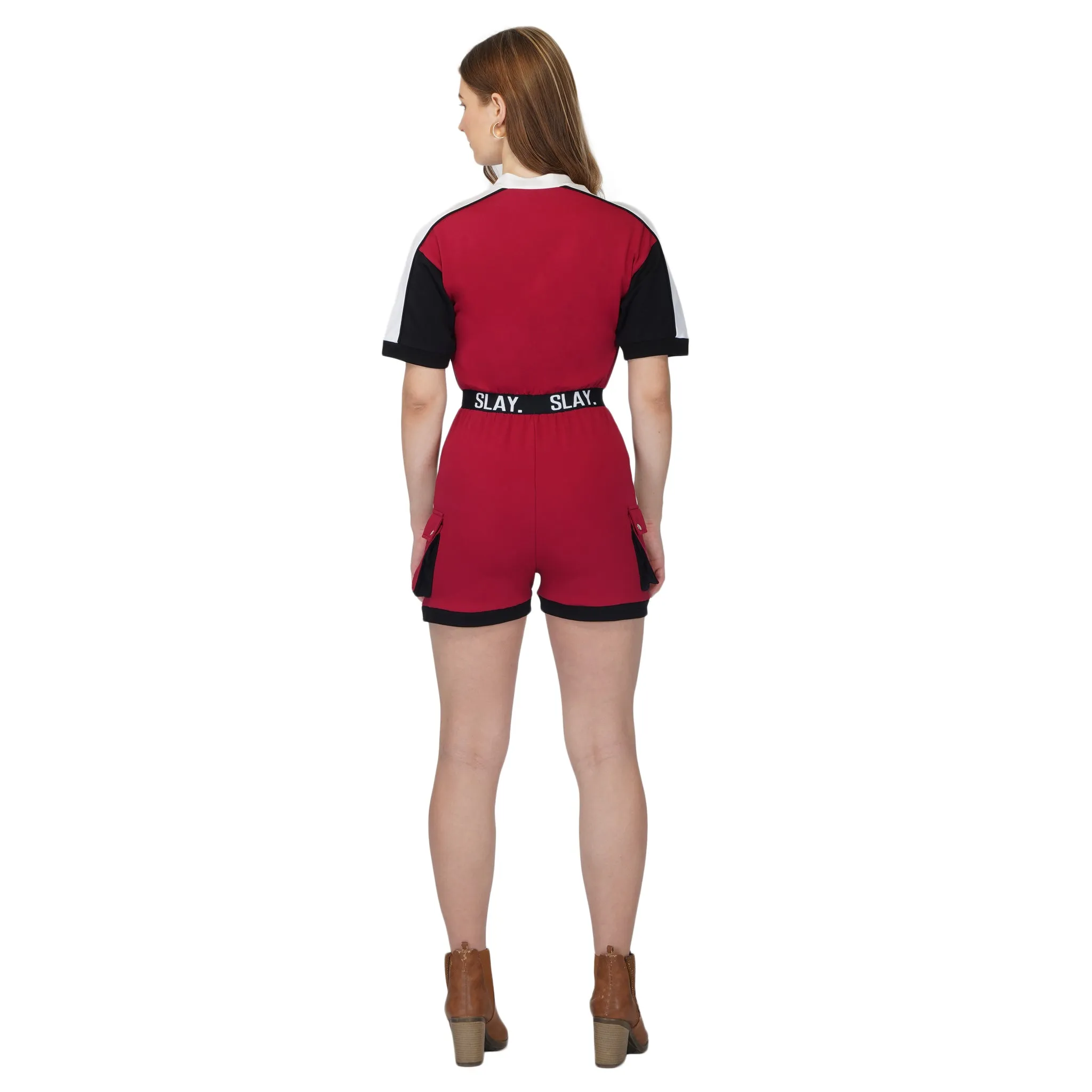 SLAY. Women's Colorblock Romper Red Black White