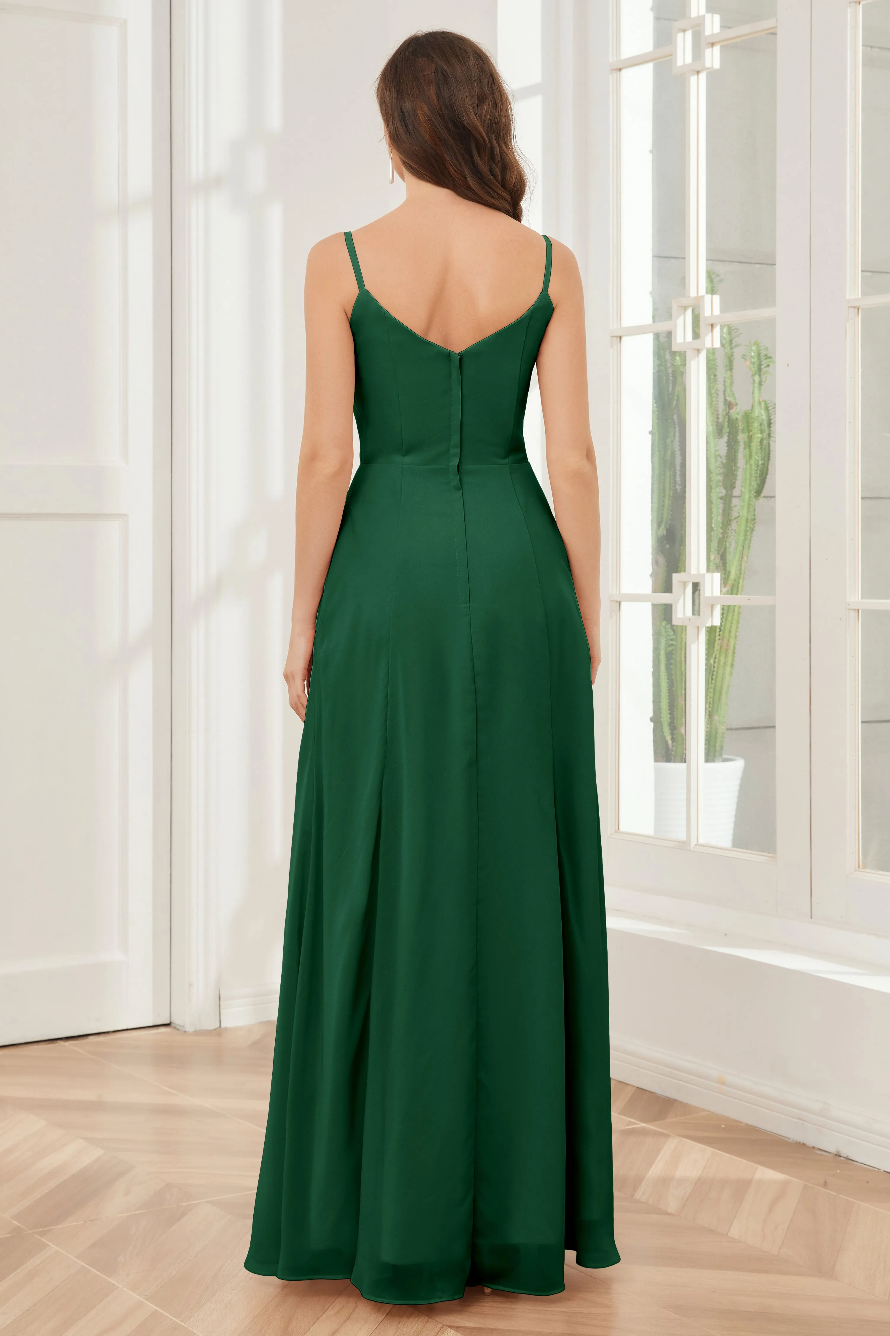 Spaghetti Straps Chiffon Long Bridesmaid Dresses with Slit