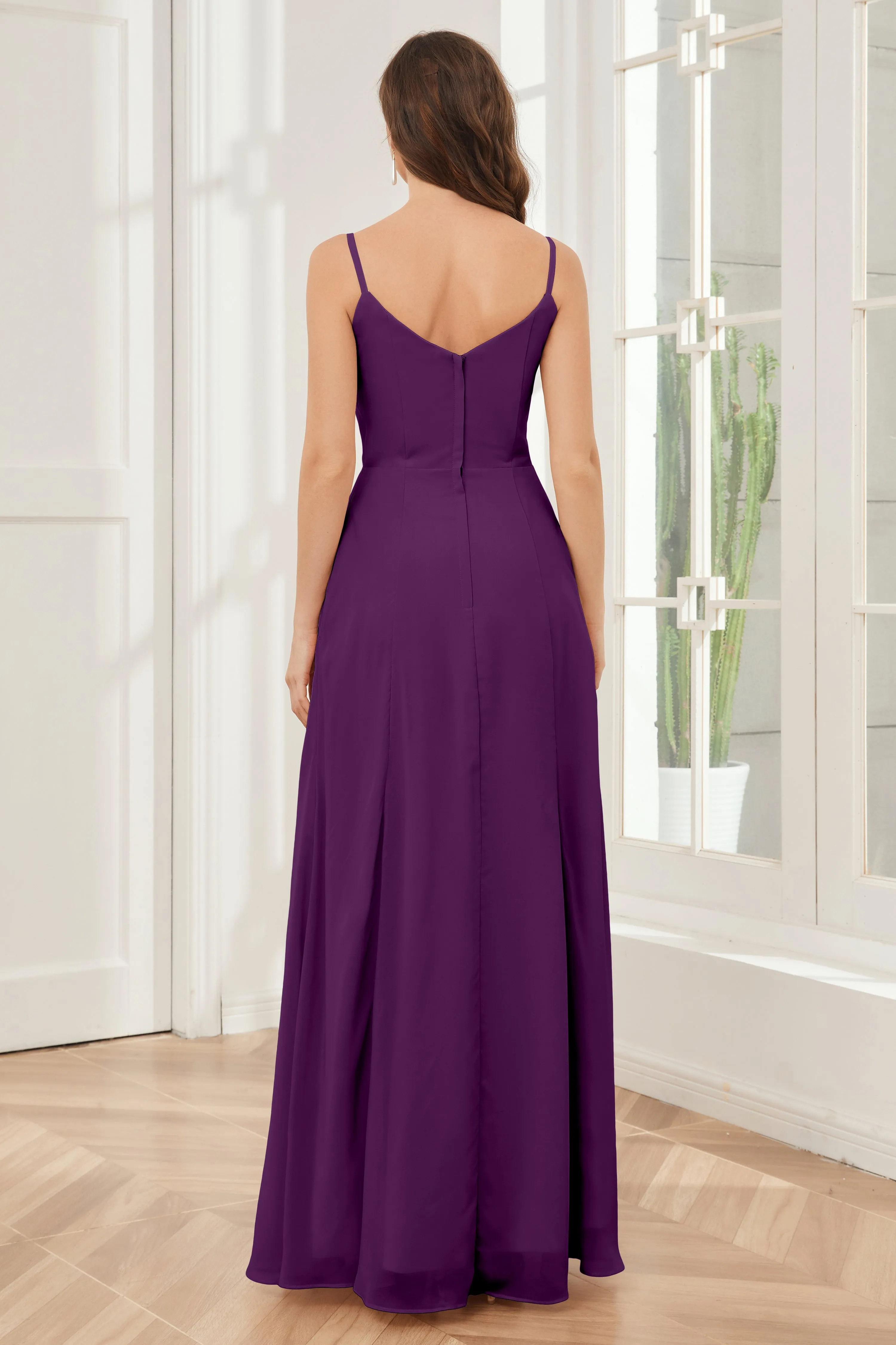 Spaghetti Straps Chiffon Long Bridesmaid Dresses with Slit