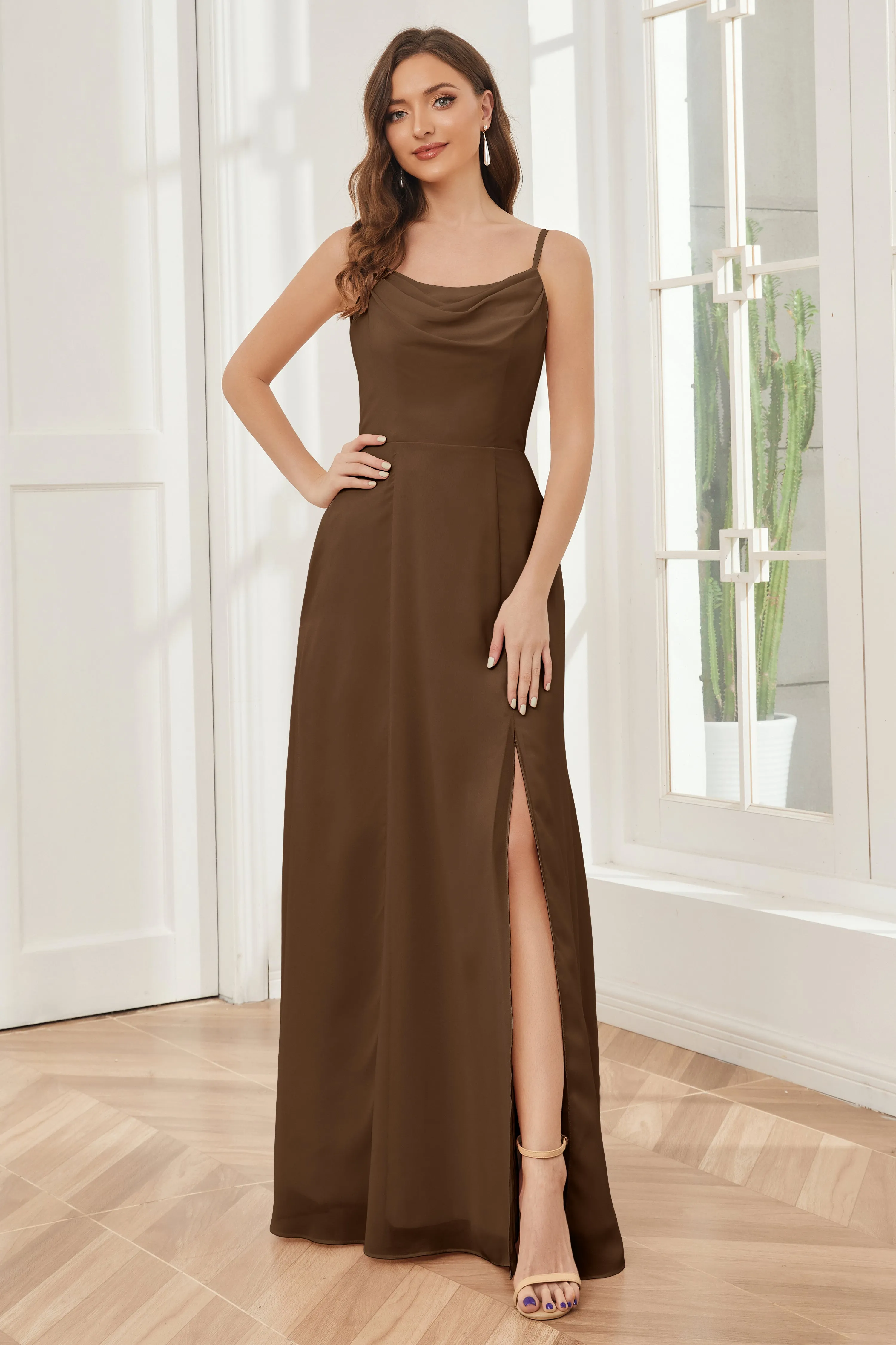 Spaghetti Straps Chiffon Long Bridesmaid Dresses with Slit