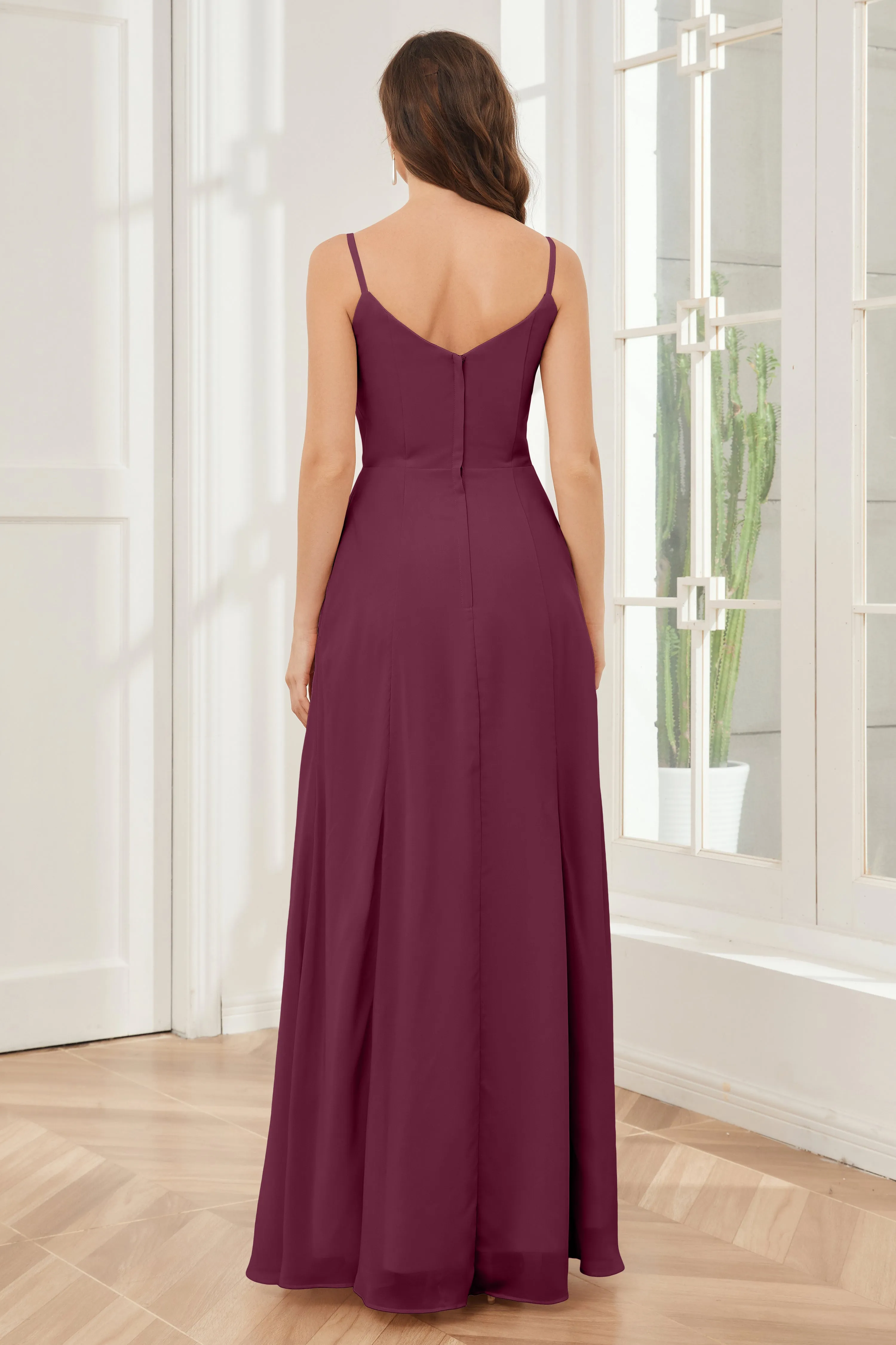 Spaghetti Straps Chiffon Long Bridesmaid Dresses with Slit