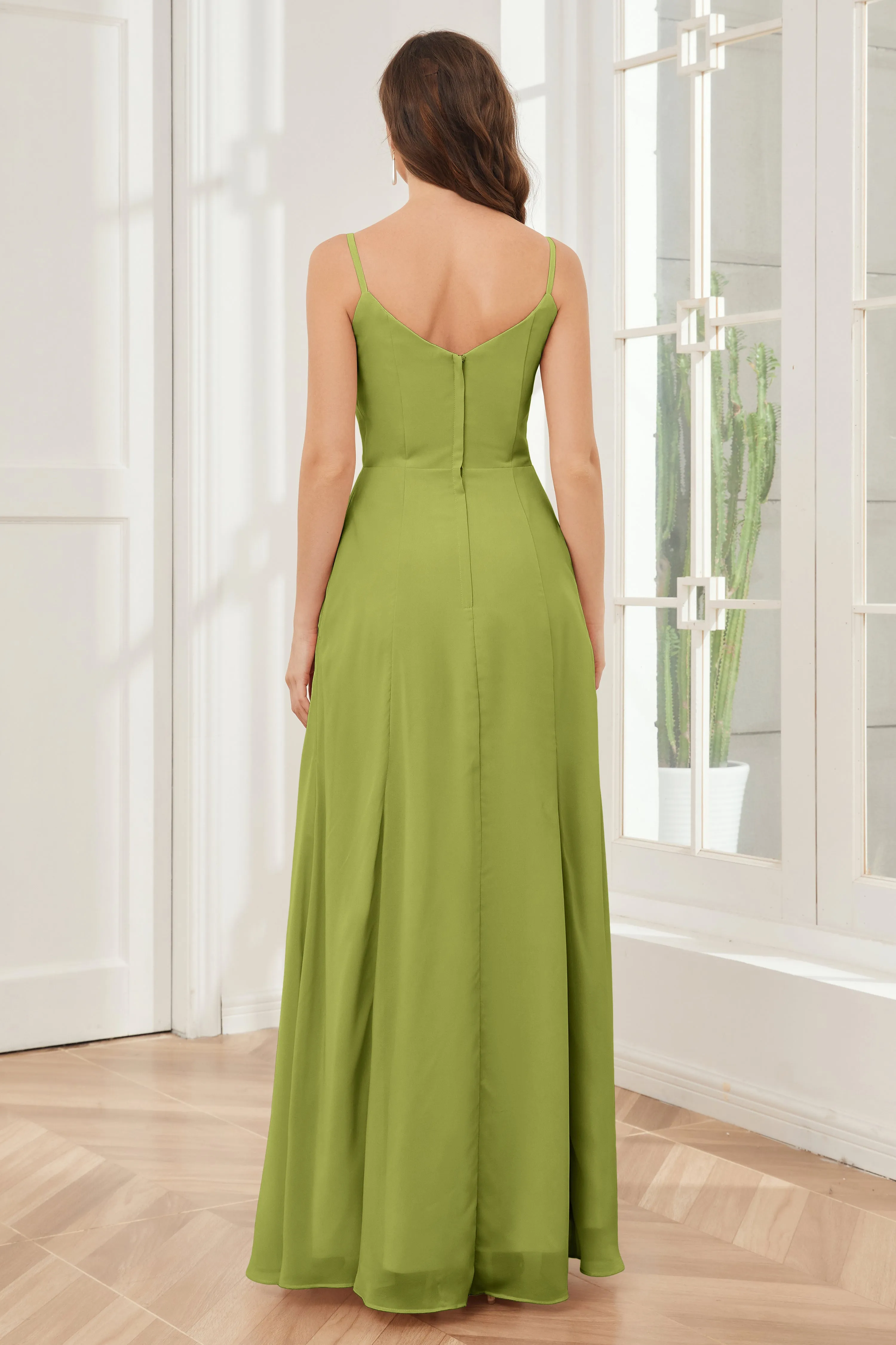 Spaghetti Straps Chiffon Long Bridesmaid Dresses with Slit