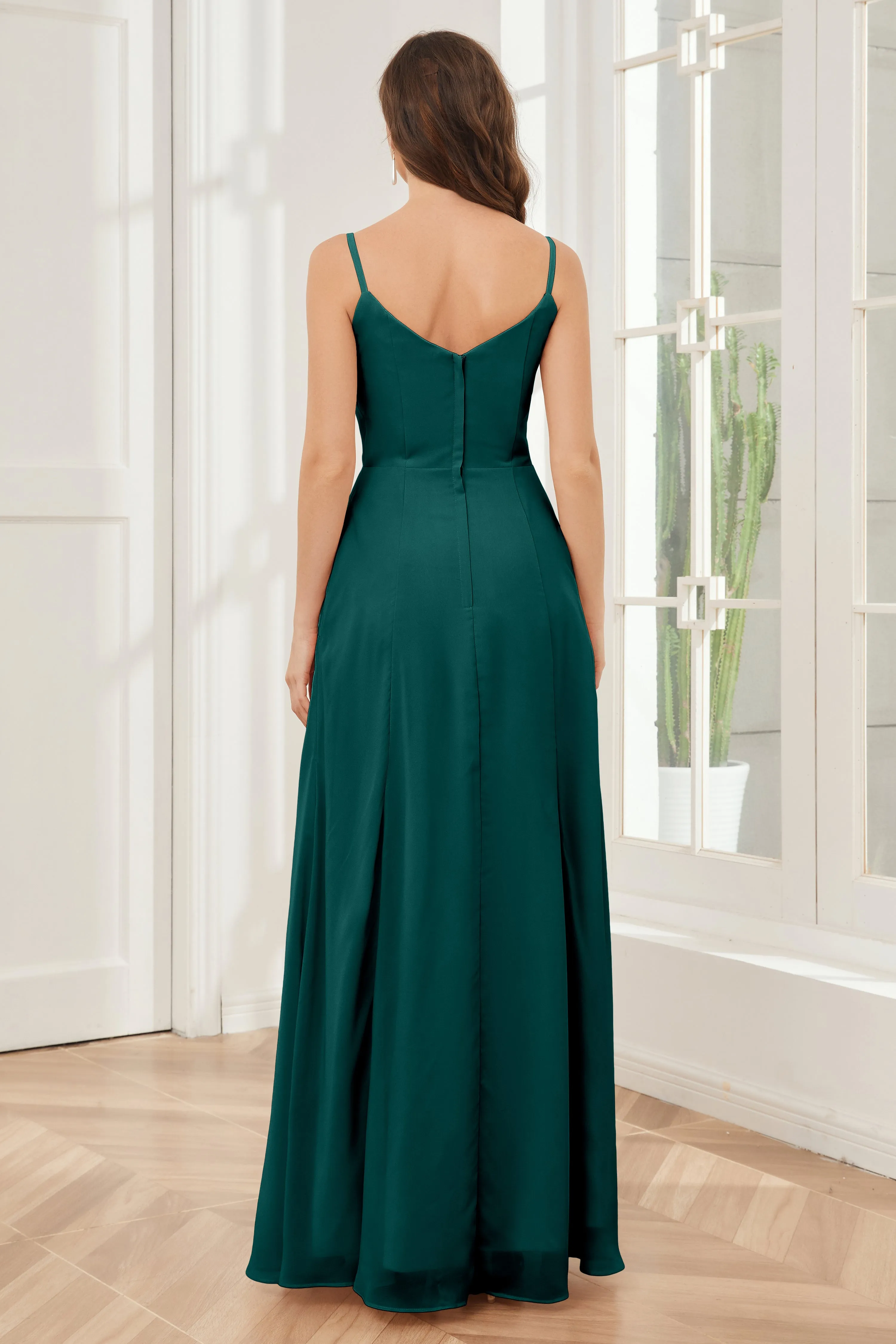 Spaghetti Straps Chiffon Long Bridesmaid Dresses with Slit