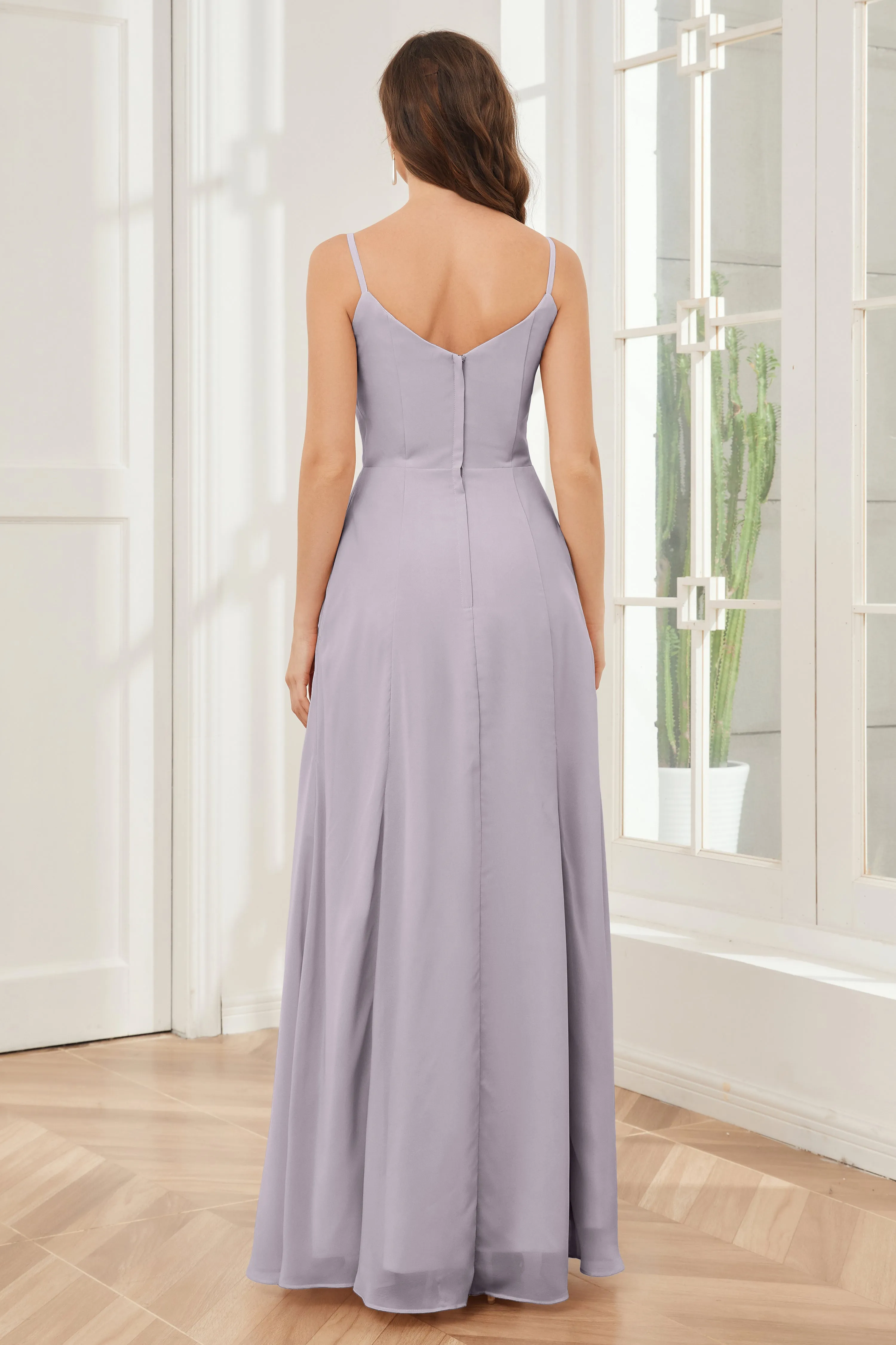 Spaghetti Straps Chiffon Long Bridesmaid Dresses with Slit