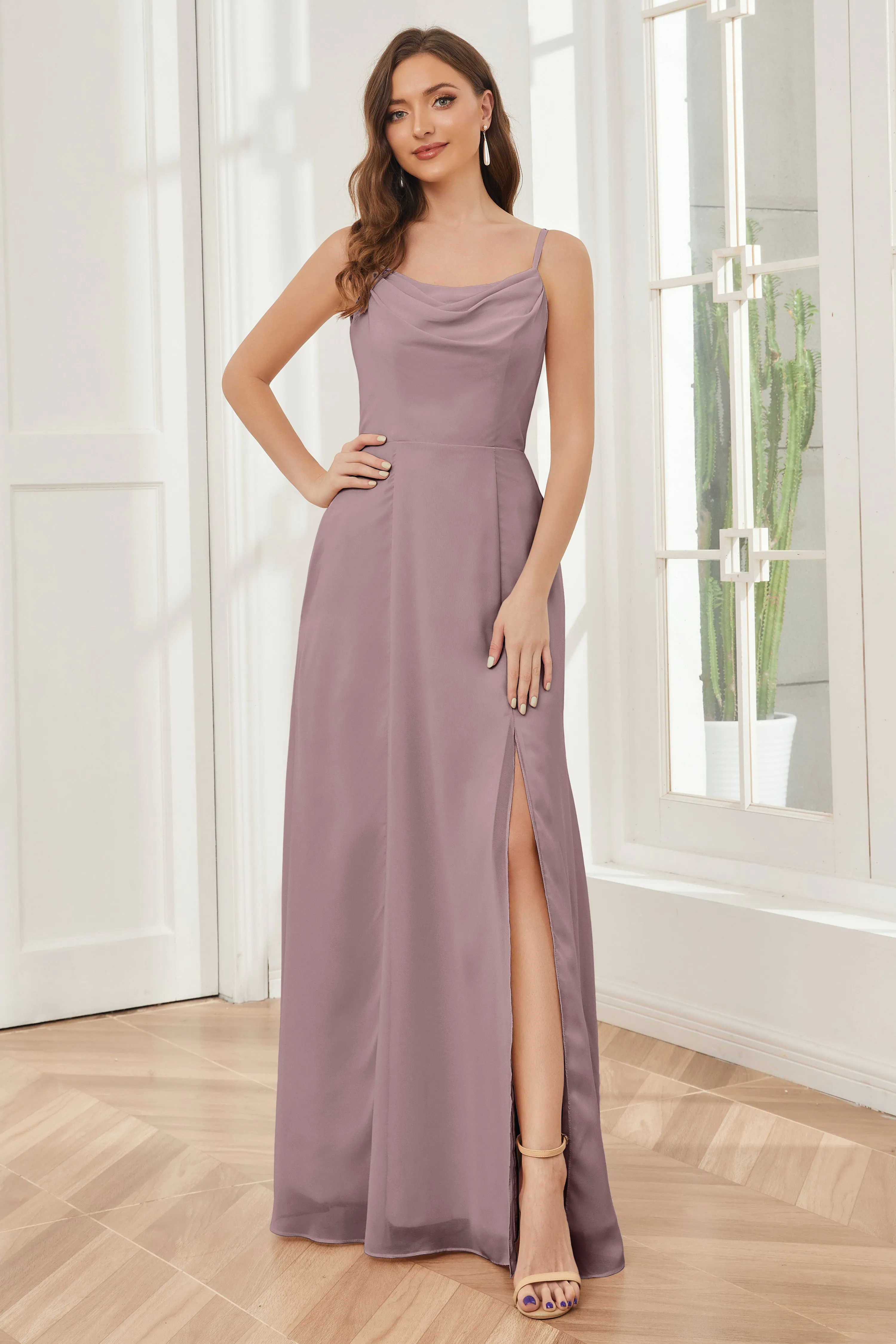 Spaghetti Straps Chiffon Long Bridesmaid Dresses with Slit