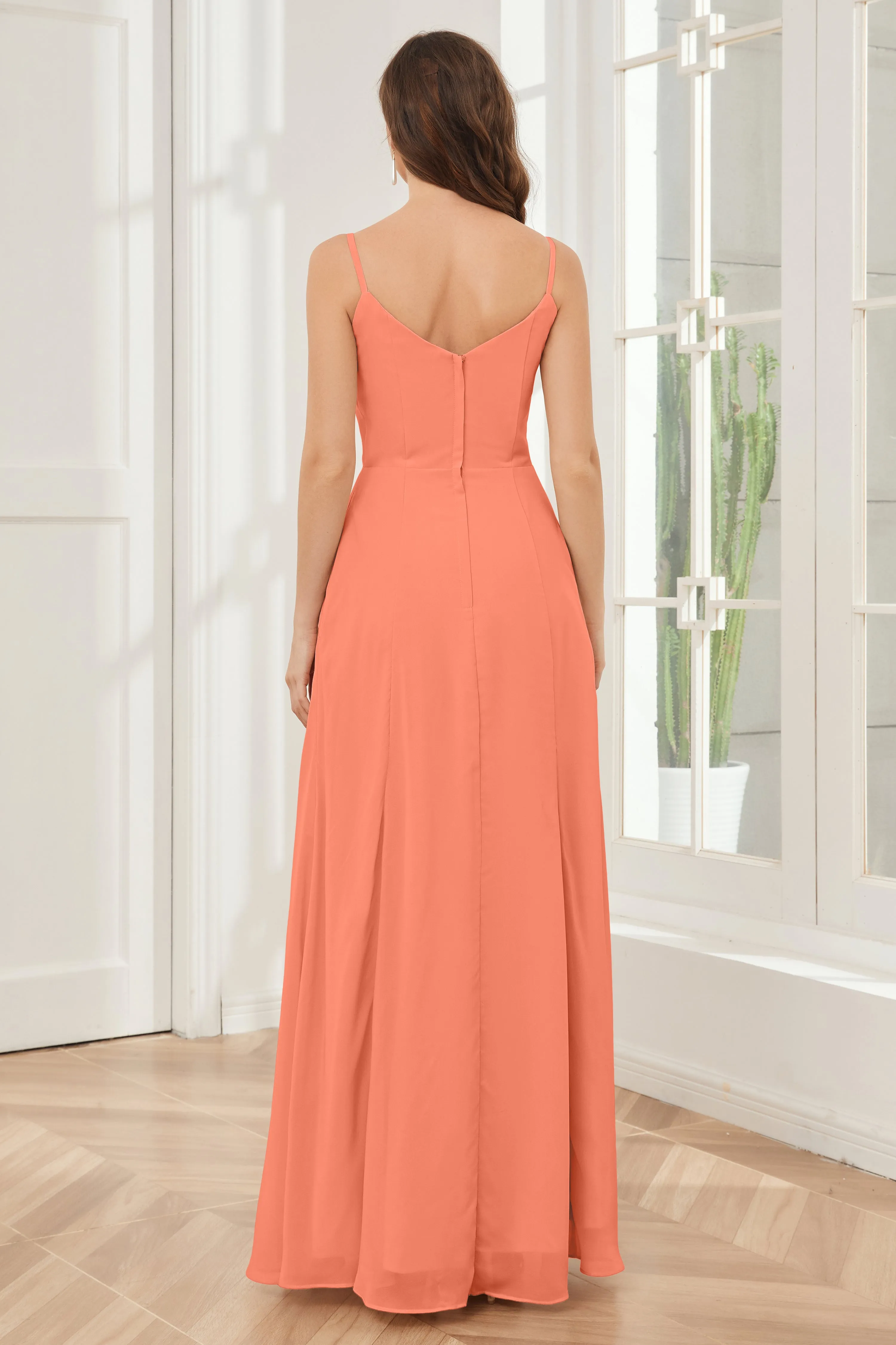 Spaghetti Straps Chiffon Long Bridesmaid Dresses with Slit