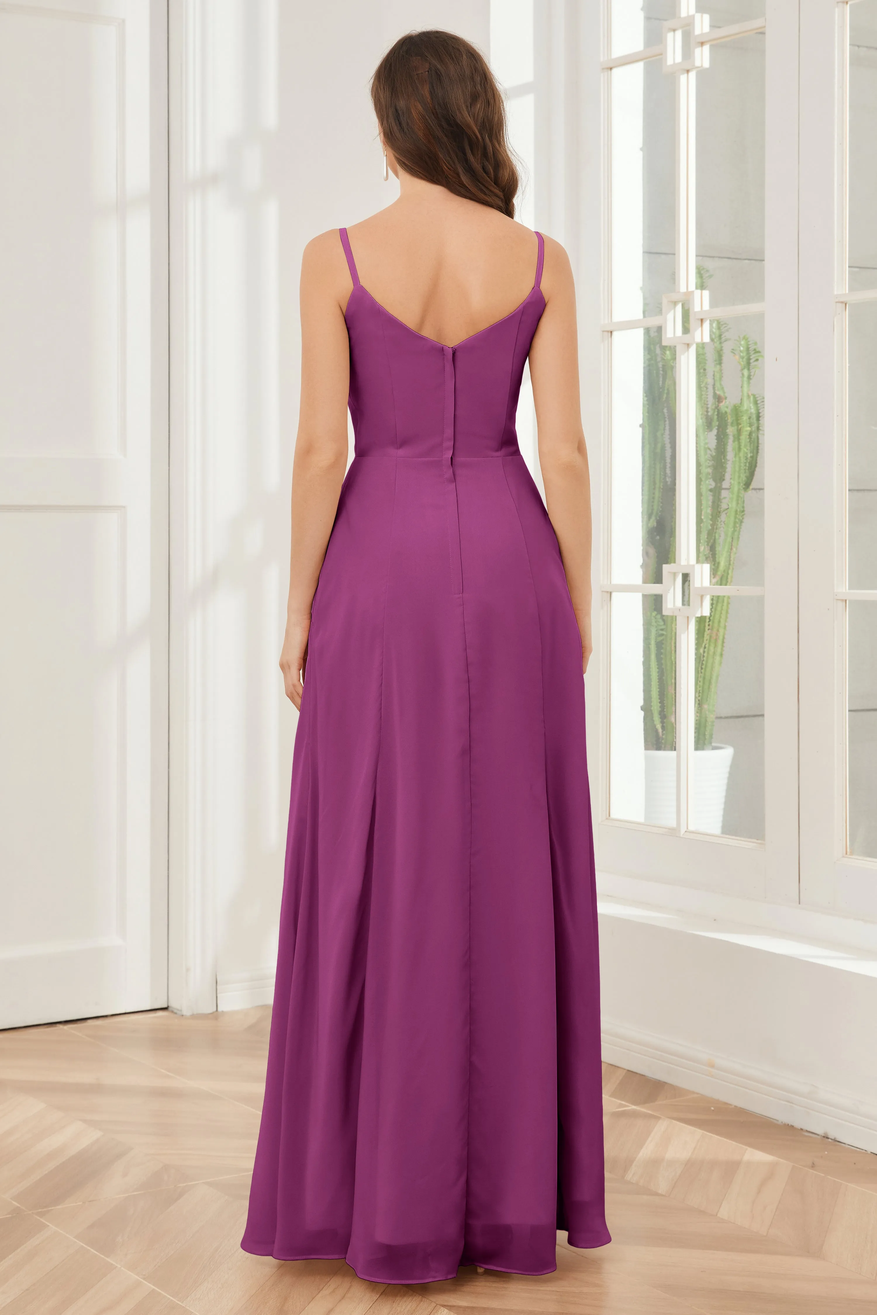 Spaghetti Straps Chiffon Long Bridesmaid Dresses with Slit