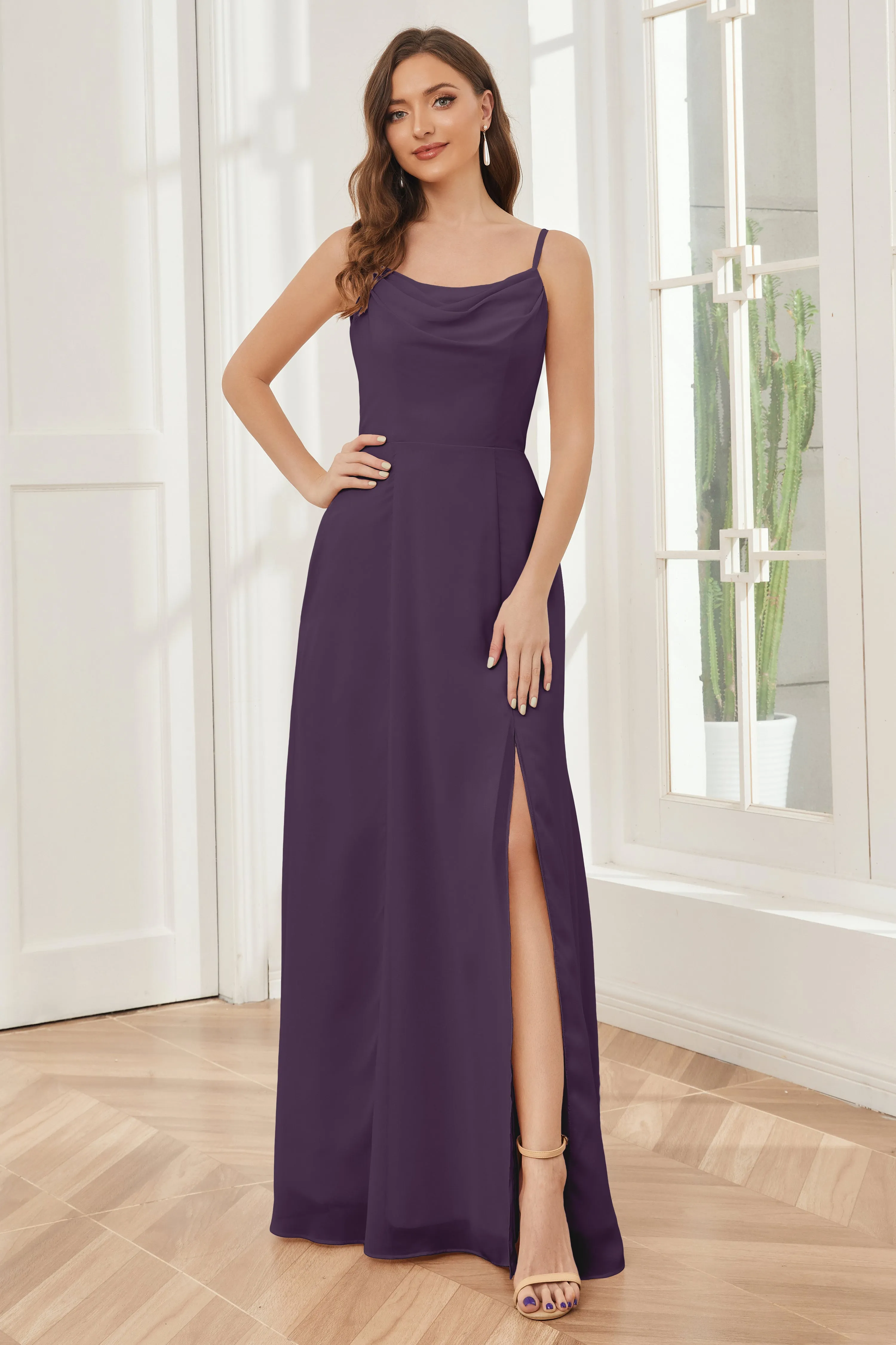 Spaghetti Straps Chiffon Long Bridesmaid Dresses with Slit