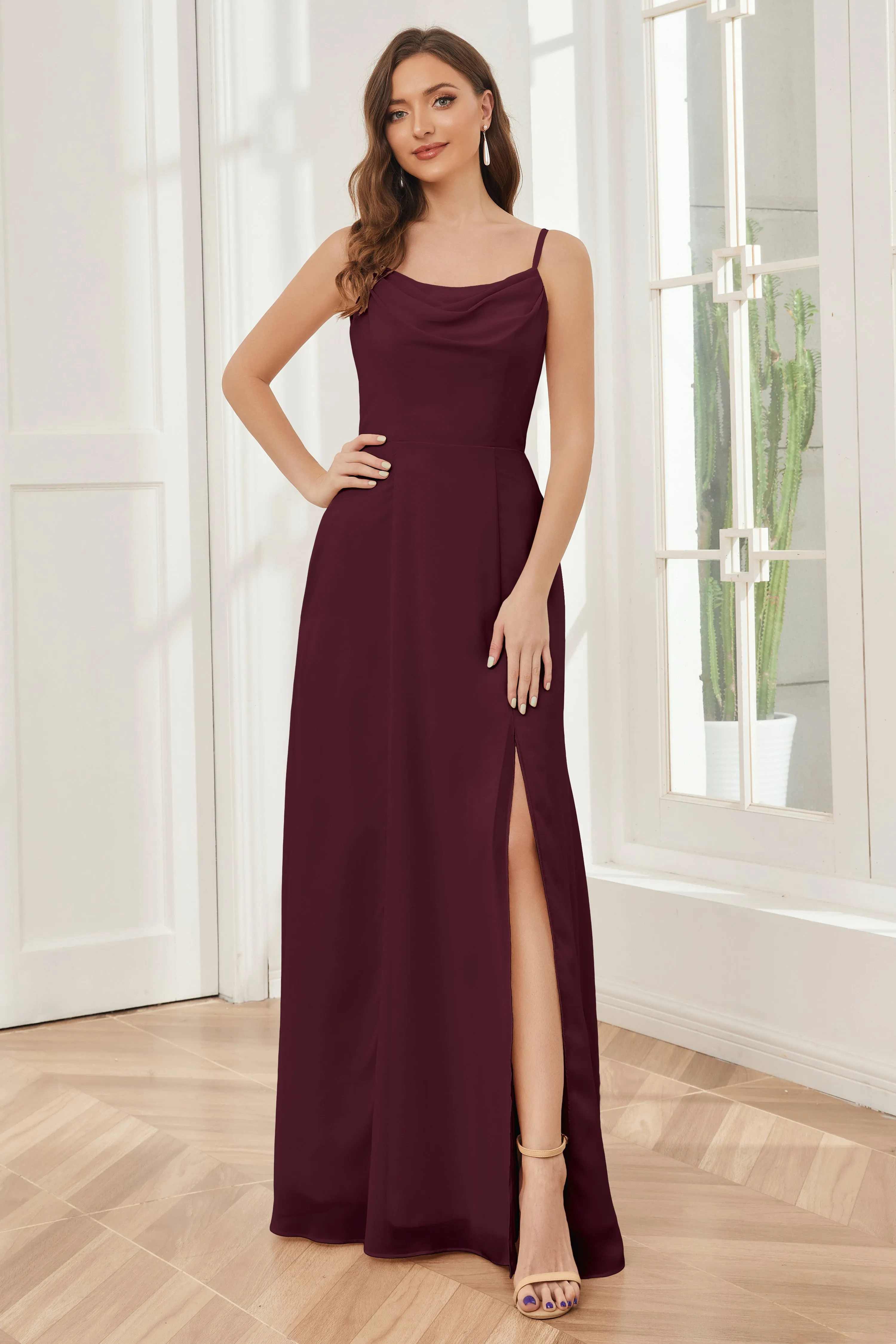 Spaghetti Straps Chiffon Long Bridesmaid Dresses with Slit