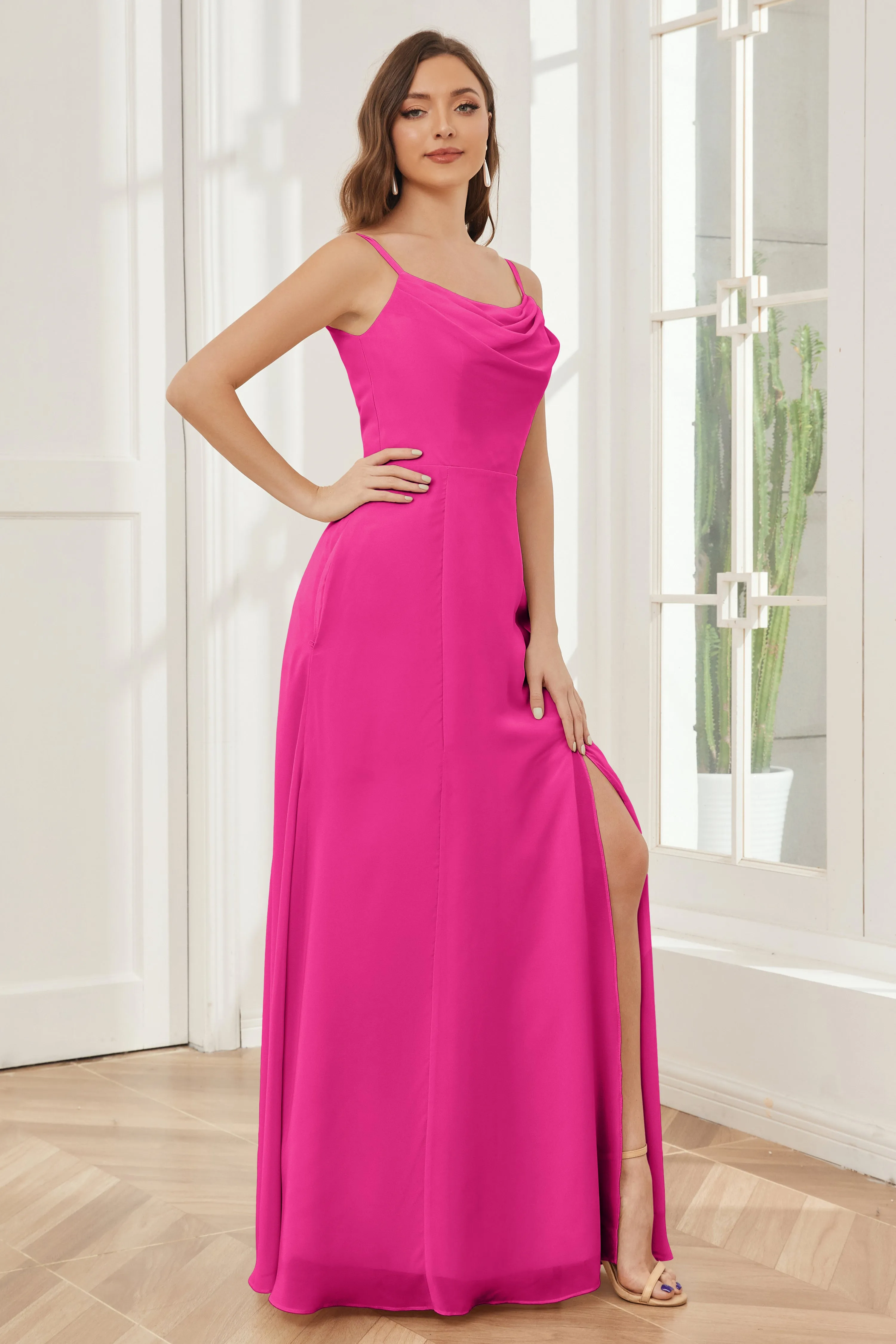 Spaghetti Straps Chiffon Long Bridesmaid Dresses with Slit