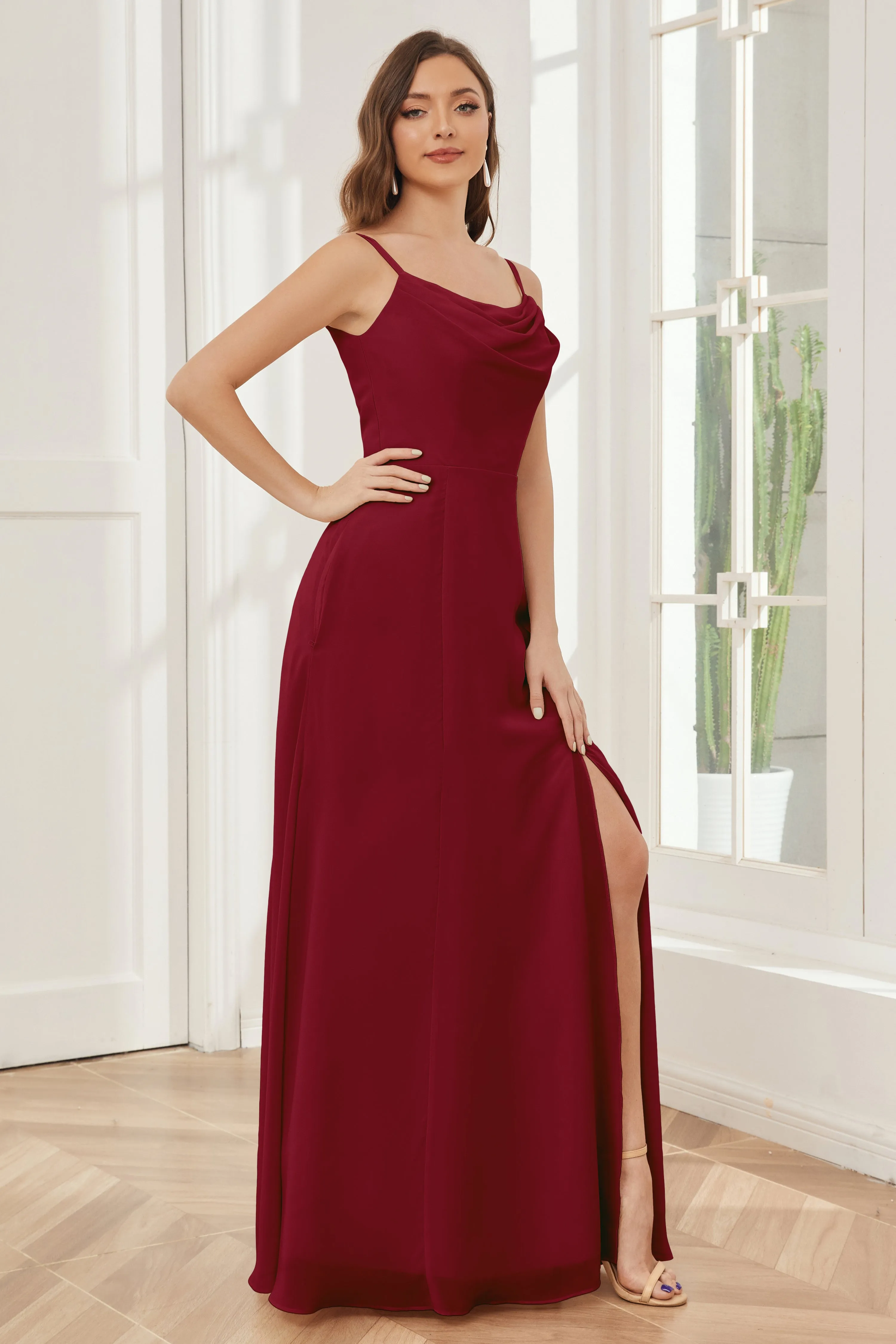 Spaghetti Straps Chiffon Long Bridesmaid Dresses with Slit