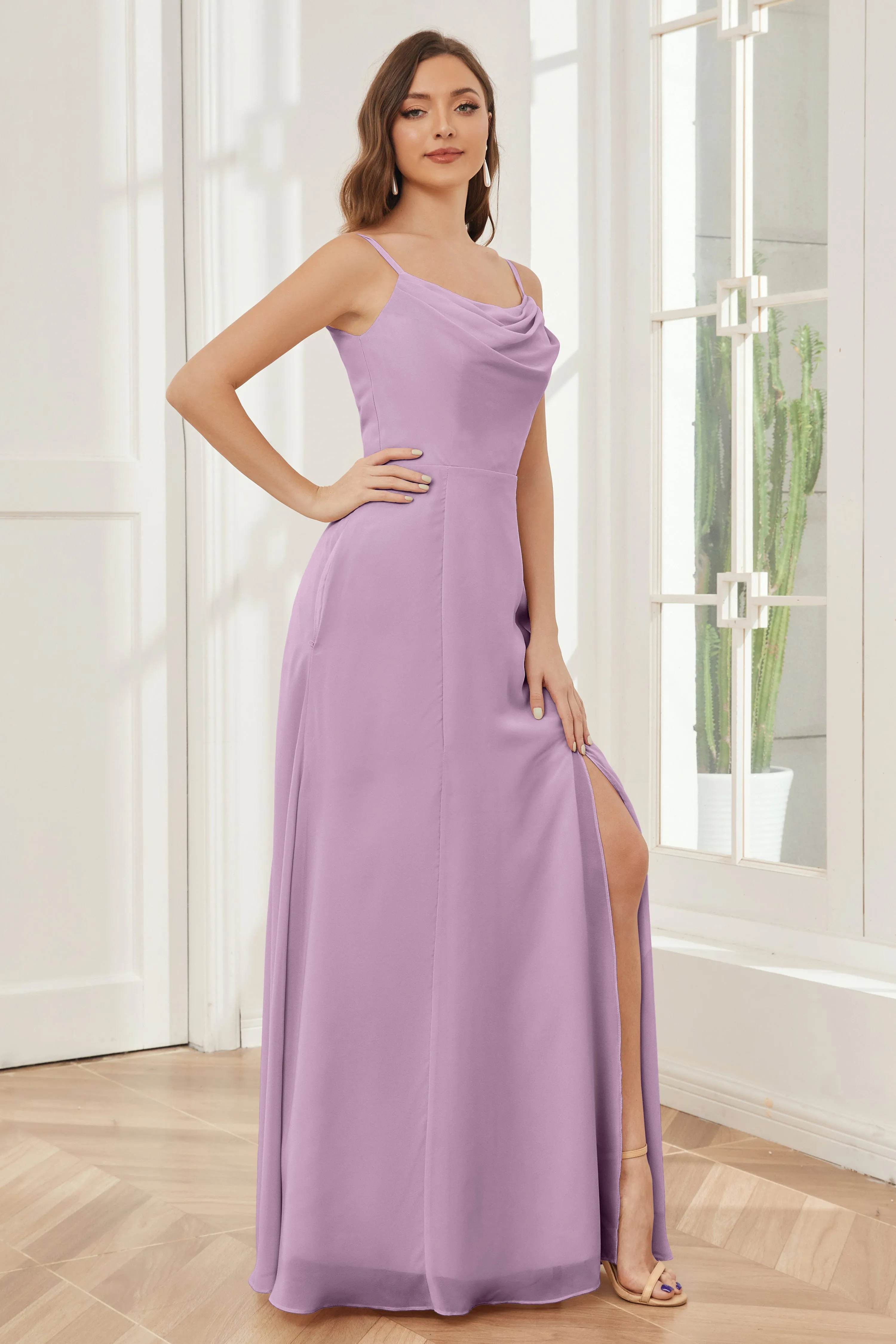 Spaghetti Straps Chiffon Long Bridesmaid Dresses with Slit