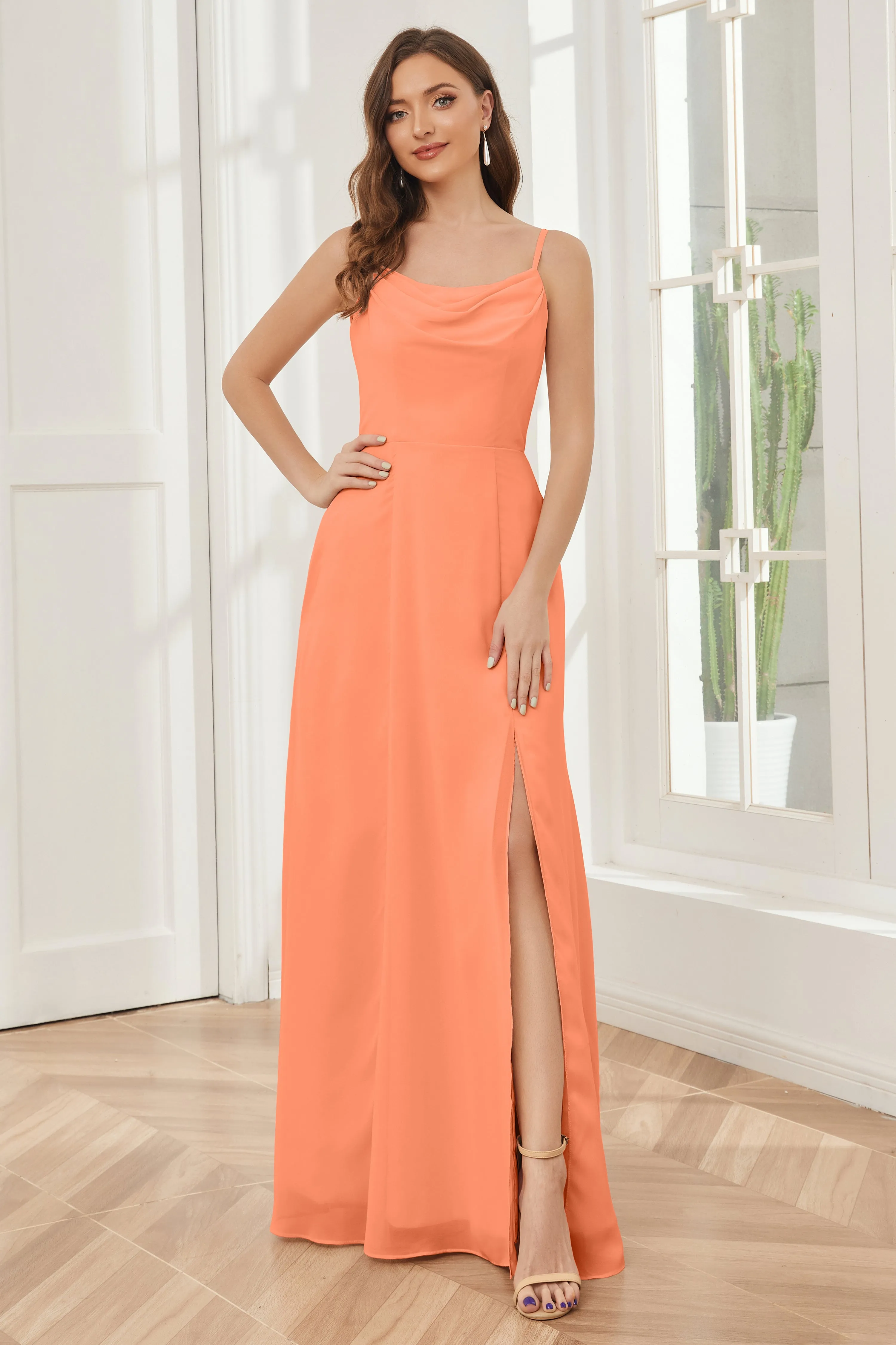 Spaghetti Straps Chiffon Long Bridesmaid Dresses with Slit