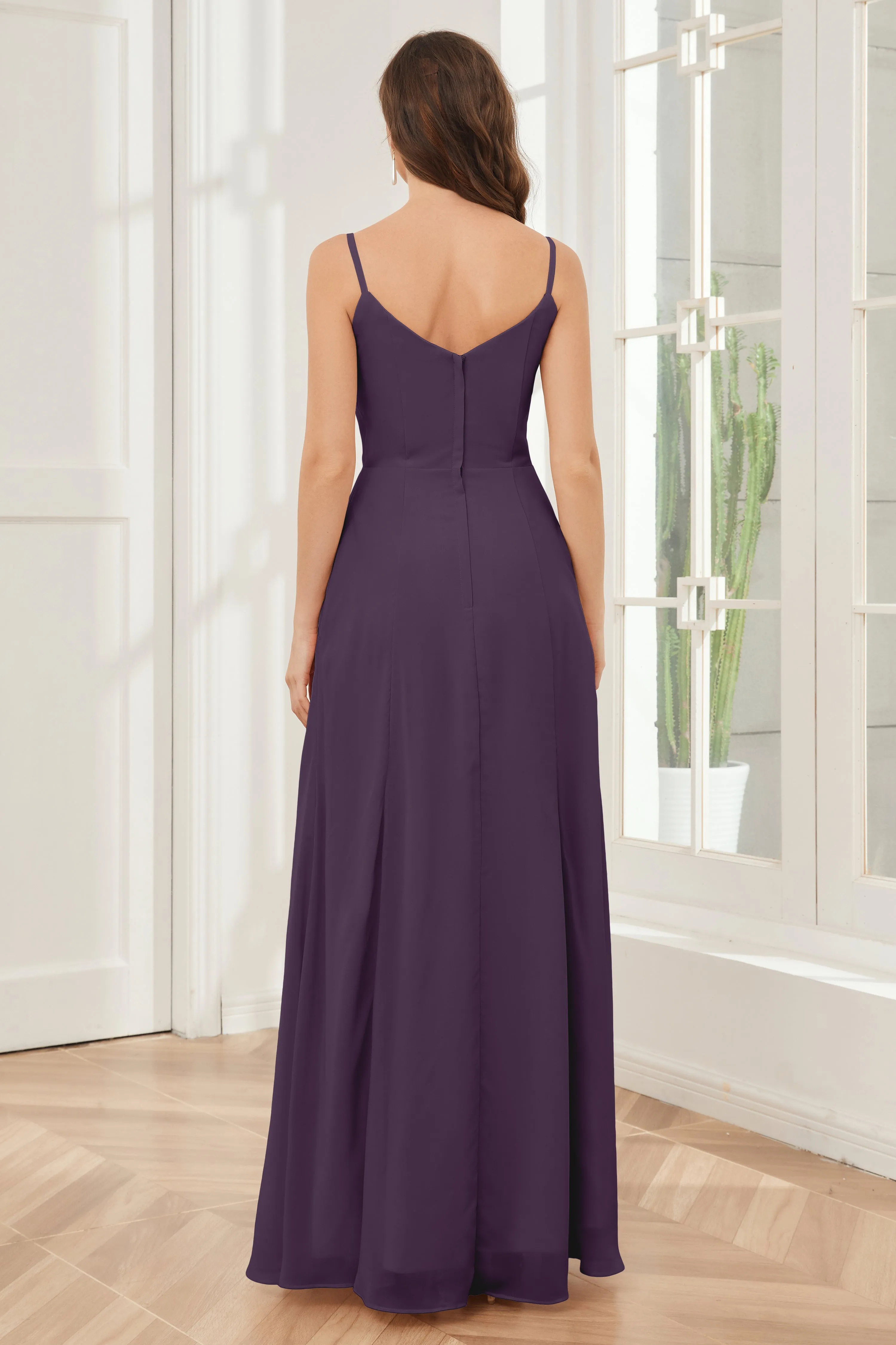 Spaghetti Straps Chiffon Long Bridesmaid Dresses with Slit