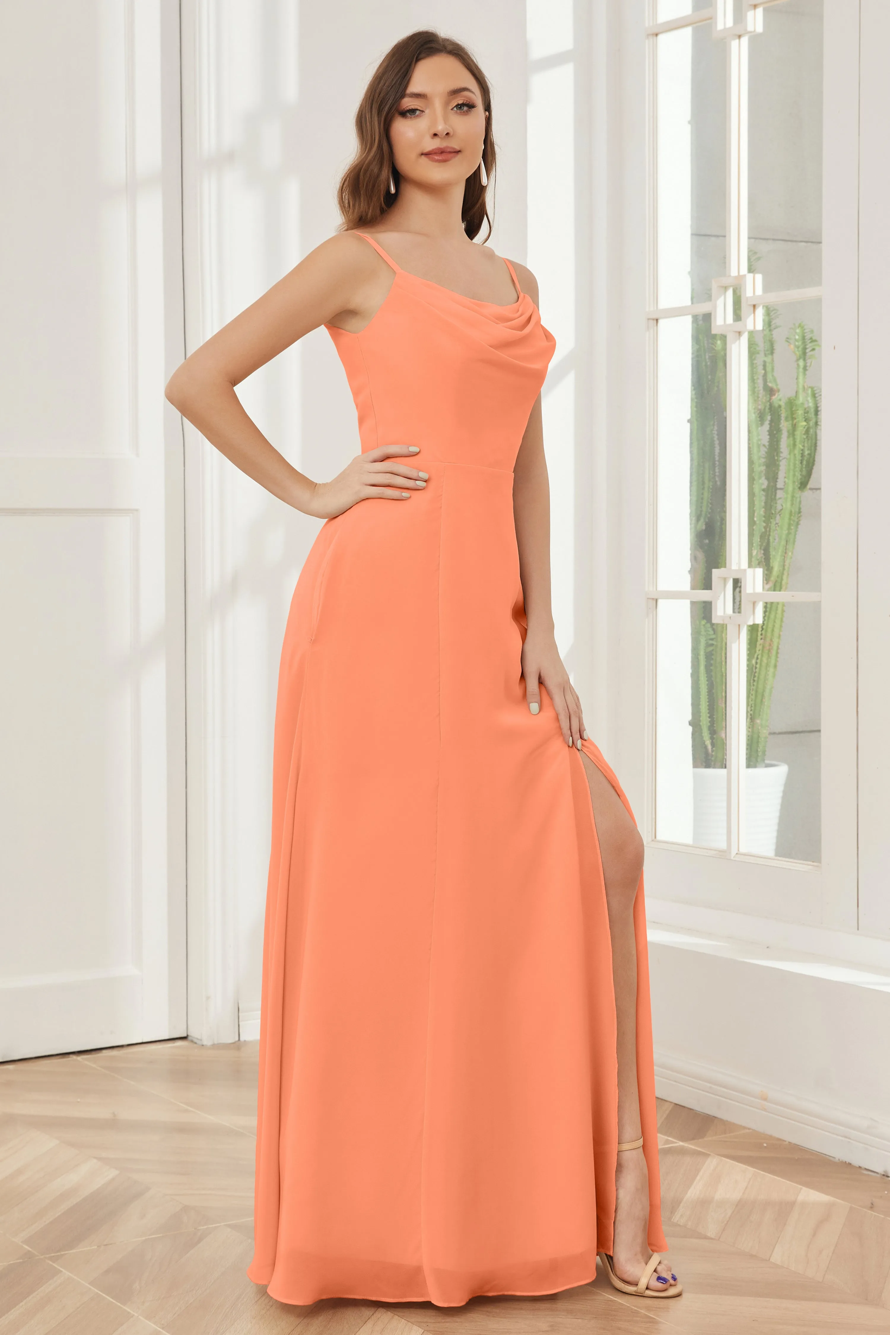 Spaghetti Straps Chiffon Long Bridesmaid Dresses with Slit