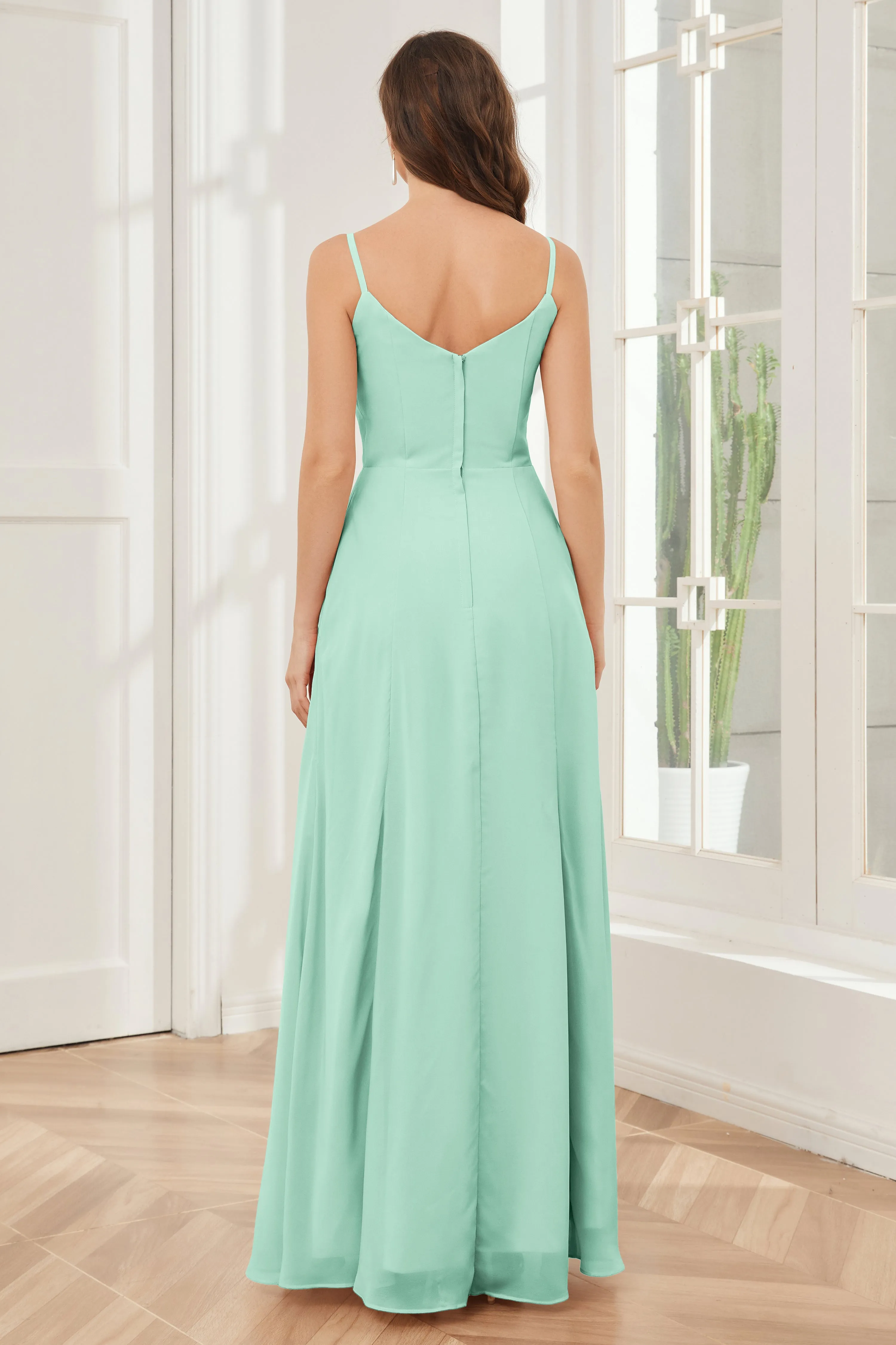 Spaghetti Straps Chiffon Long Bridesmaid Dresses with Slit