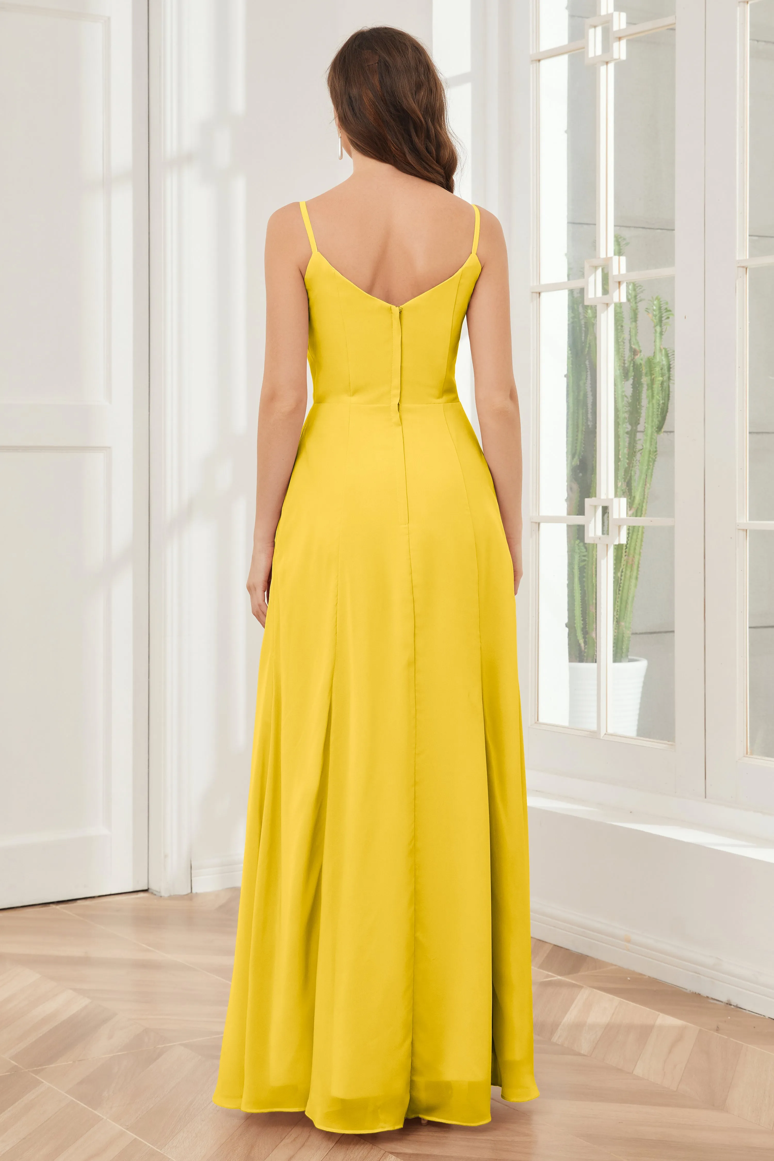 Spaghetti Straps Chiffon Long Bridesmaid Dresses with Slit