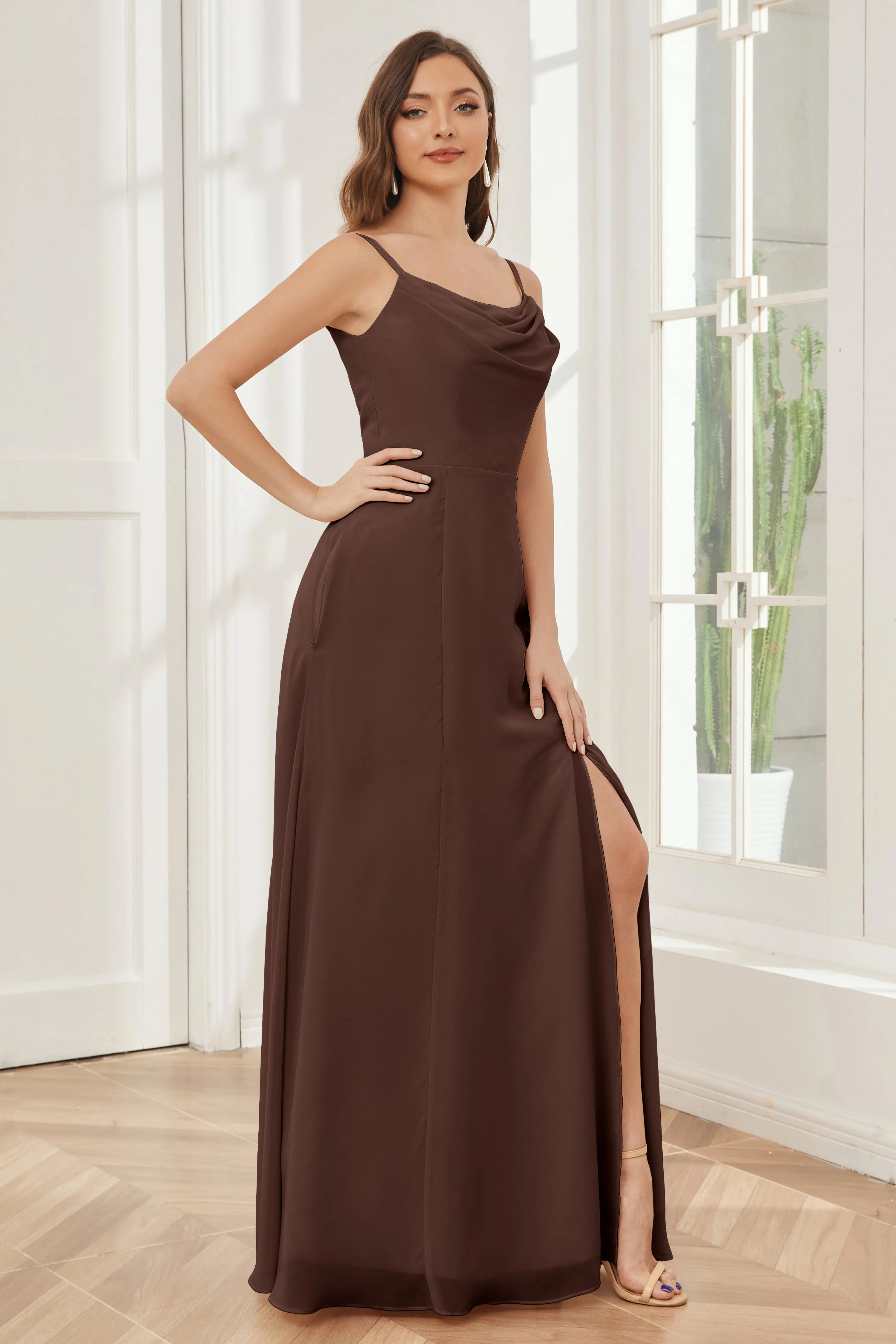 Spaghetti Straps Chiffon Long Bridesmaid Dresses with Slit