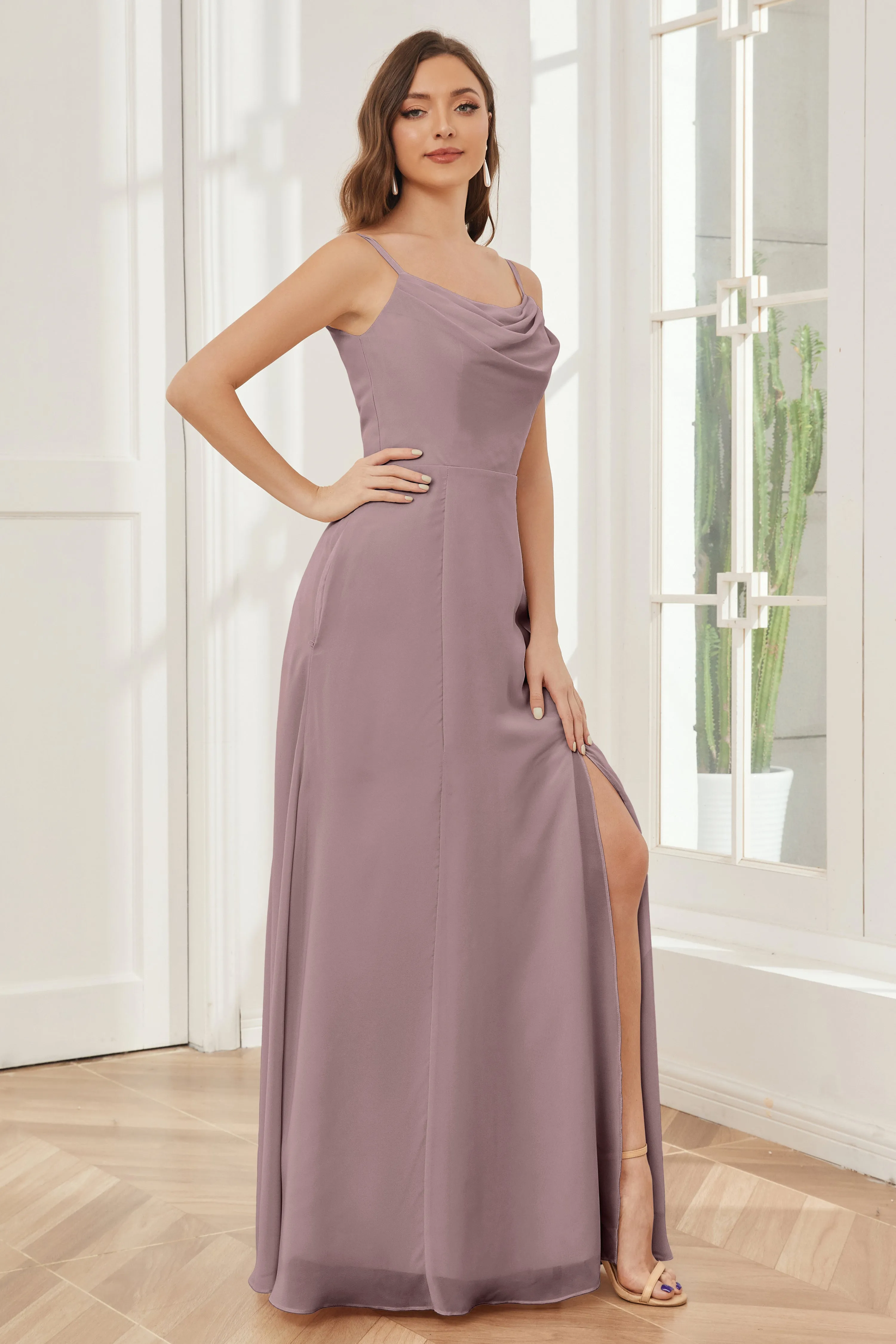 Spaghetti Straps Chiffon Long Bridesmaid Dresses with Slit