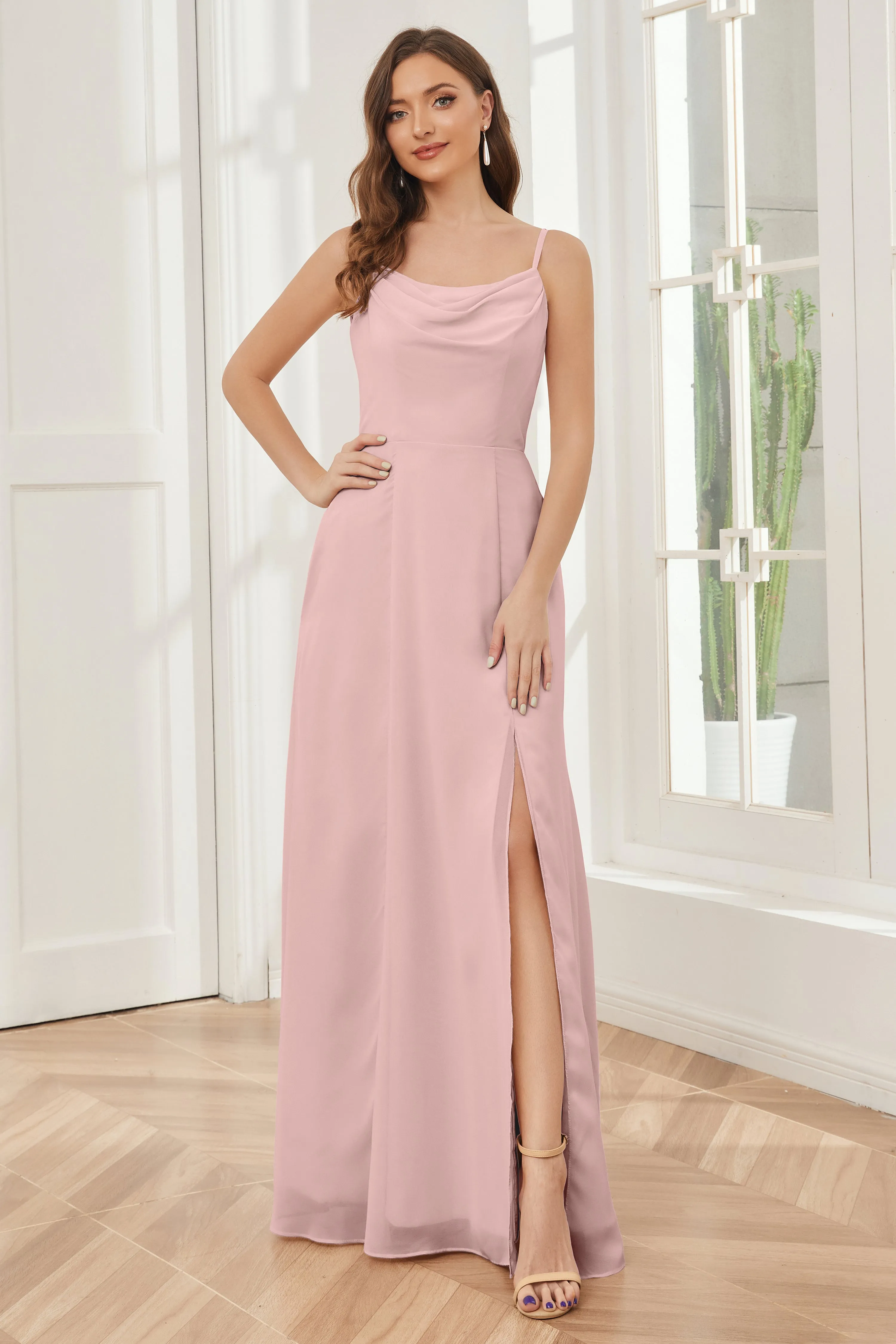 Spaghetti Straps Chiffon Long Bridesmaid Dresses with Slit