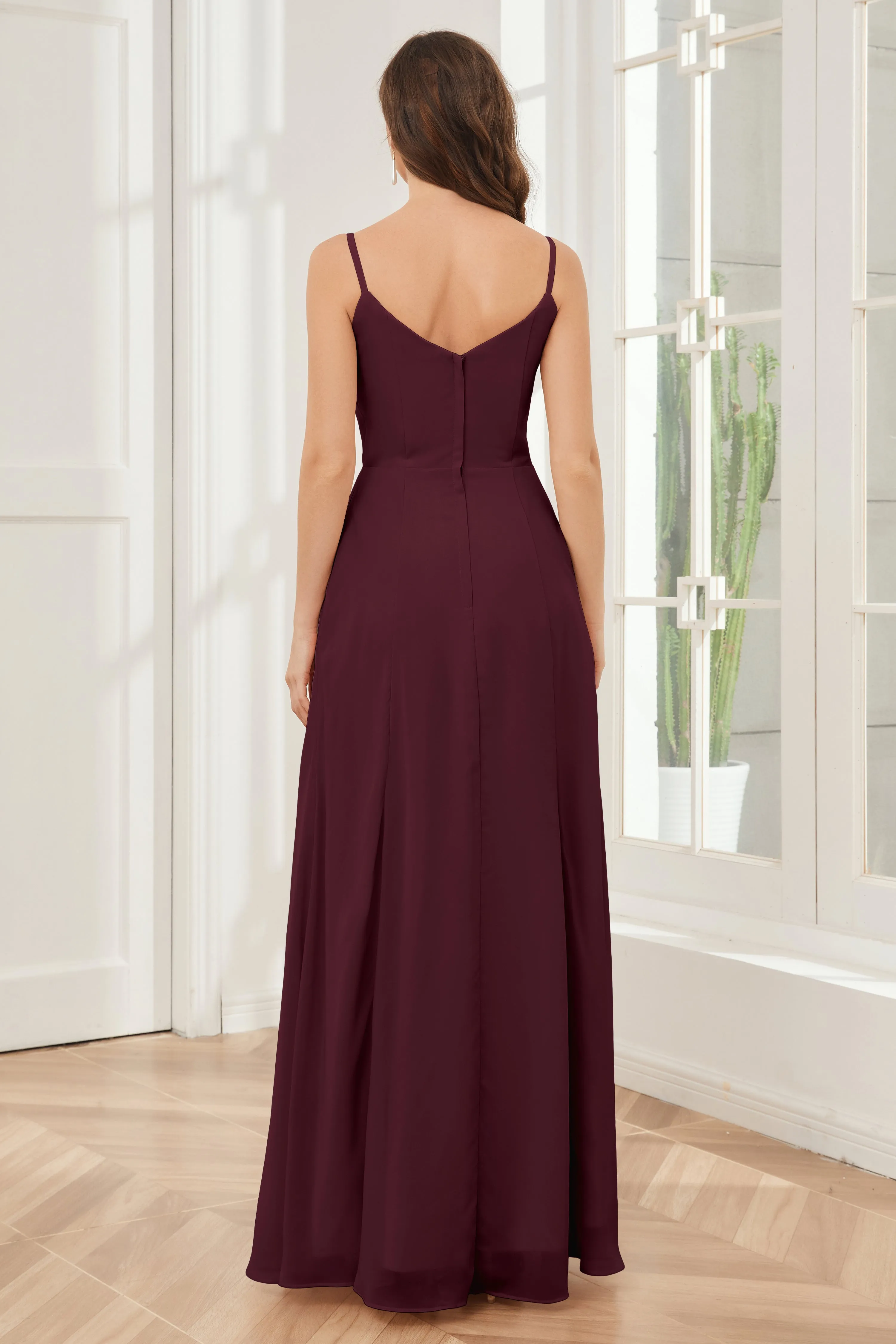 Spaghetti Straps Chiffon Long Bridesmaid Dresses with Slit