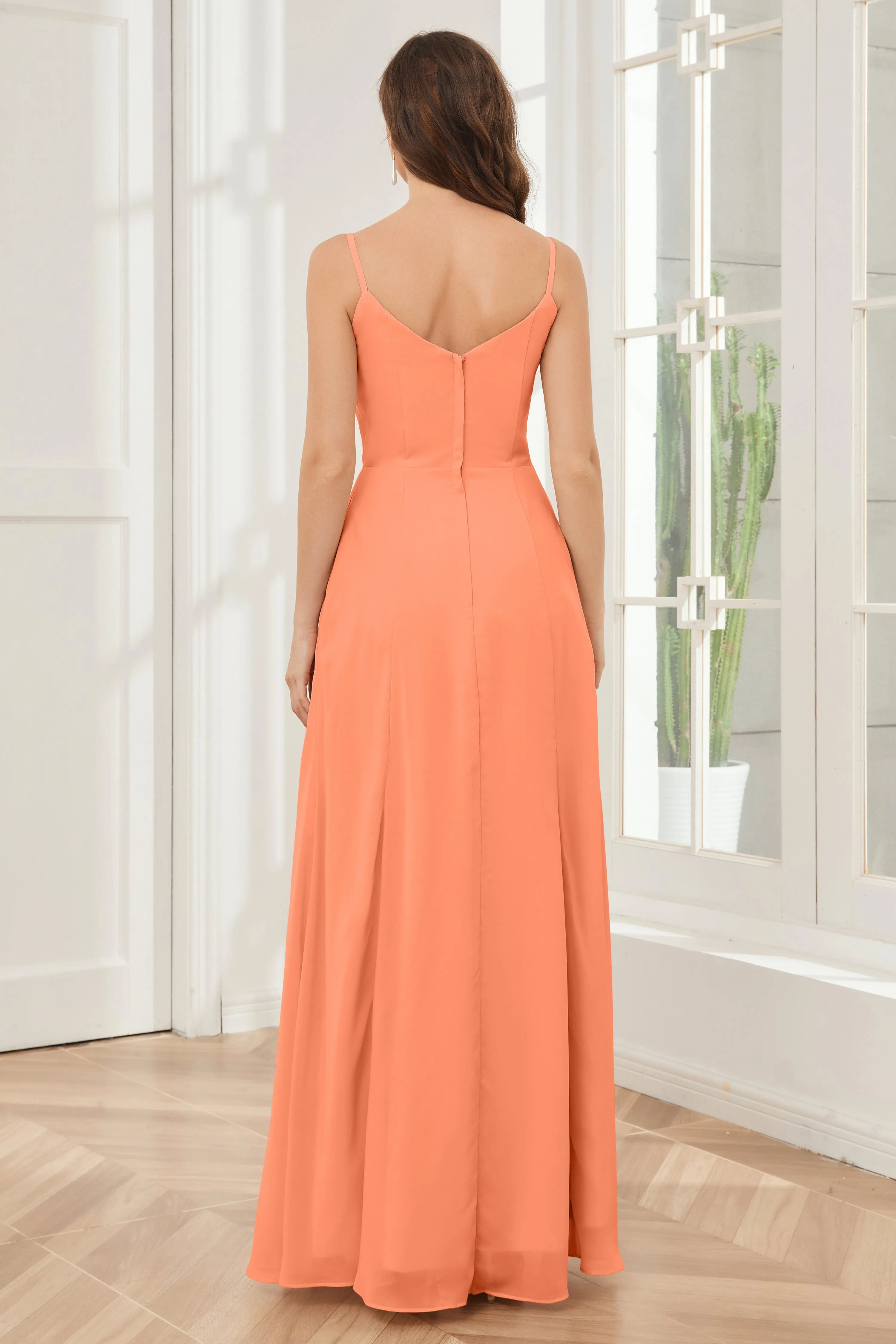 Spaghetti Straps Chiffon Long Bridesmaid Dresses with Slit