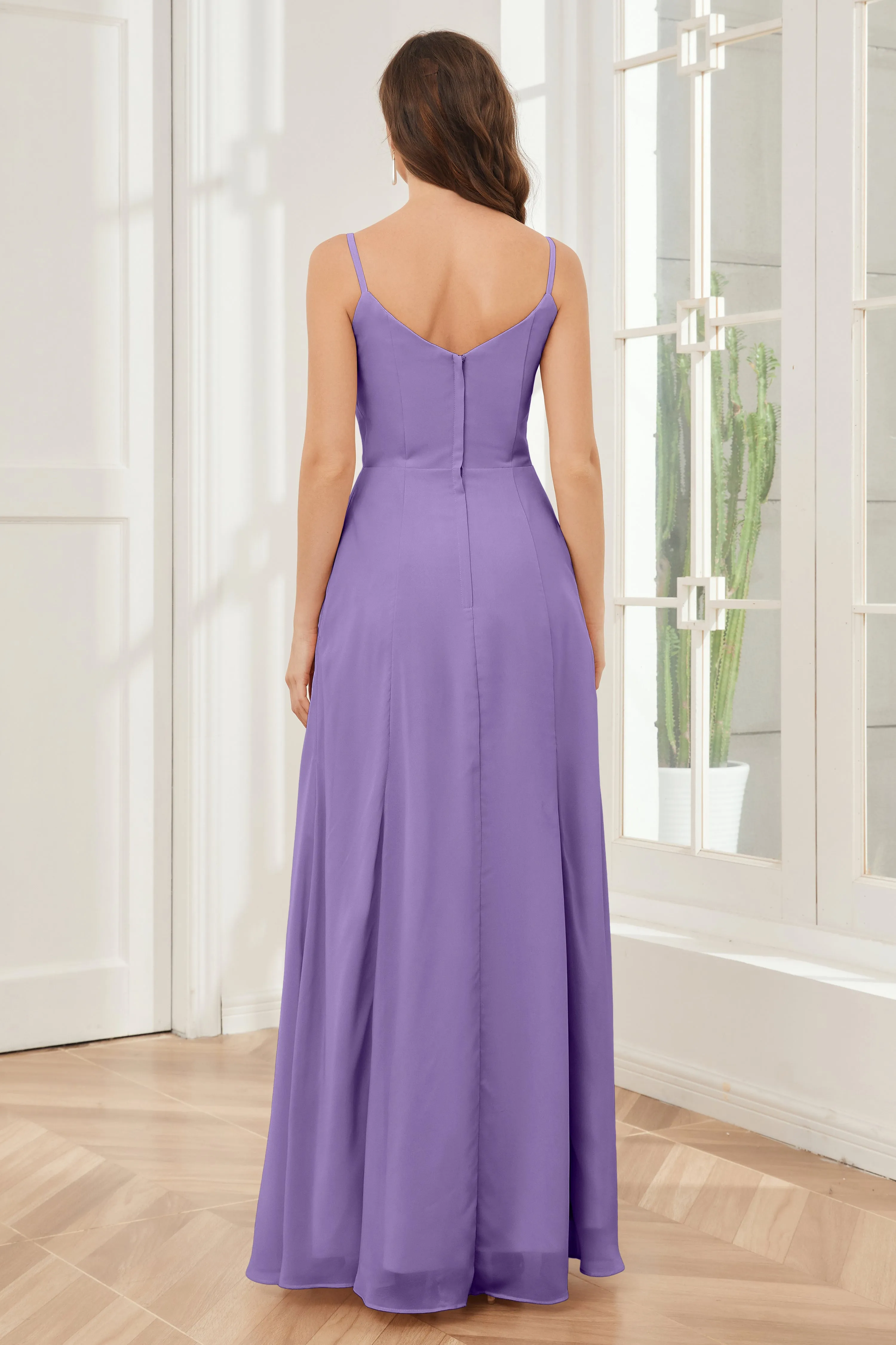 Spaghetti Straps Chiffon Long Bridesmaid Dresses with Slit