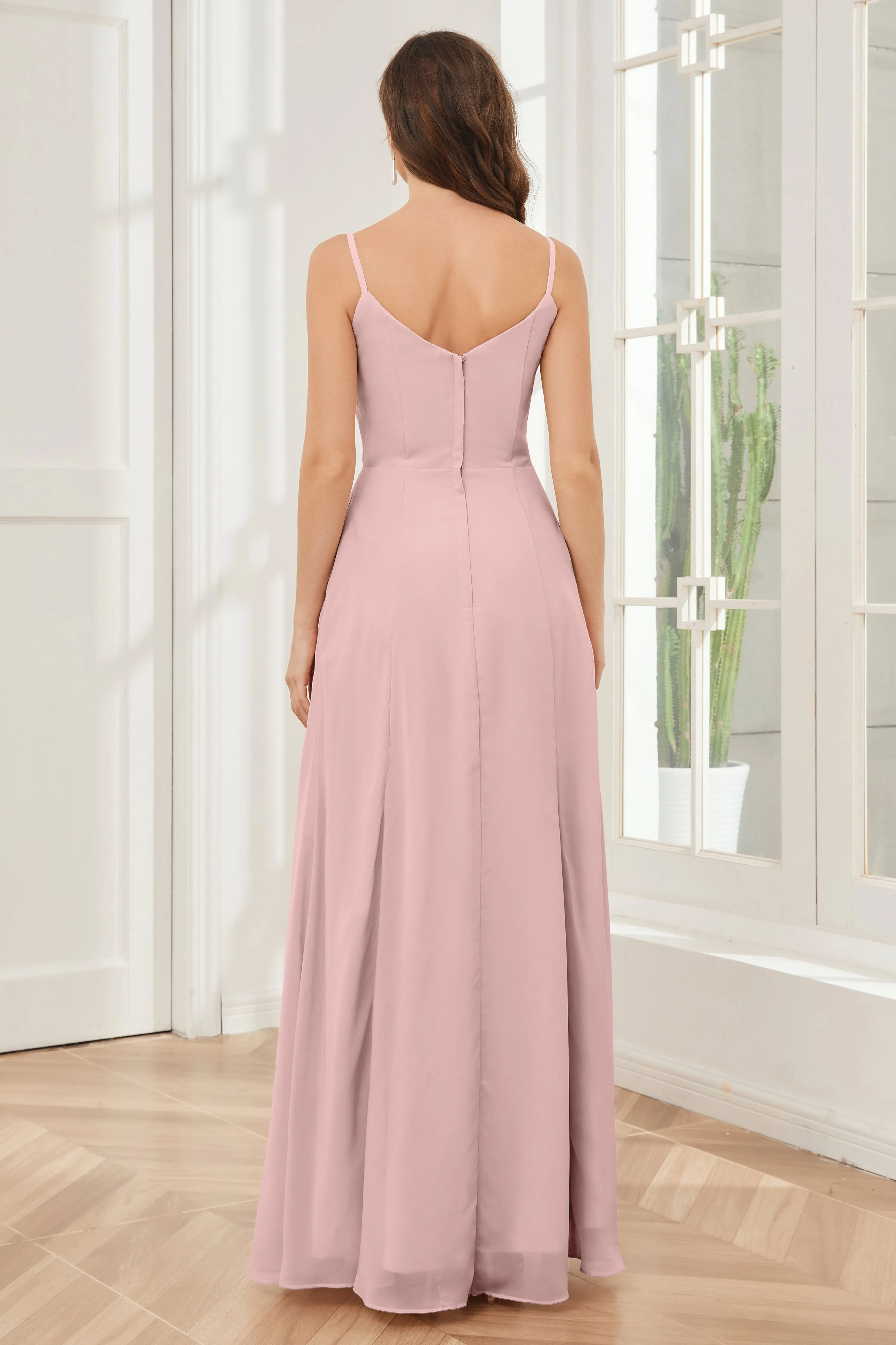 Spaghetti Straps Chiffon Long Bridesmaid Dresses with Slit