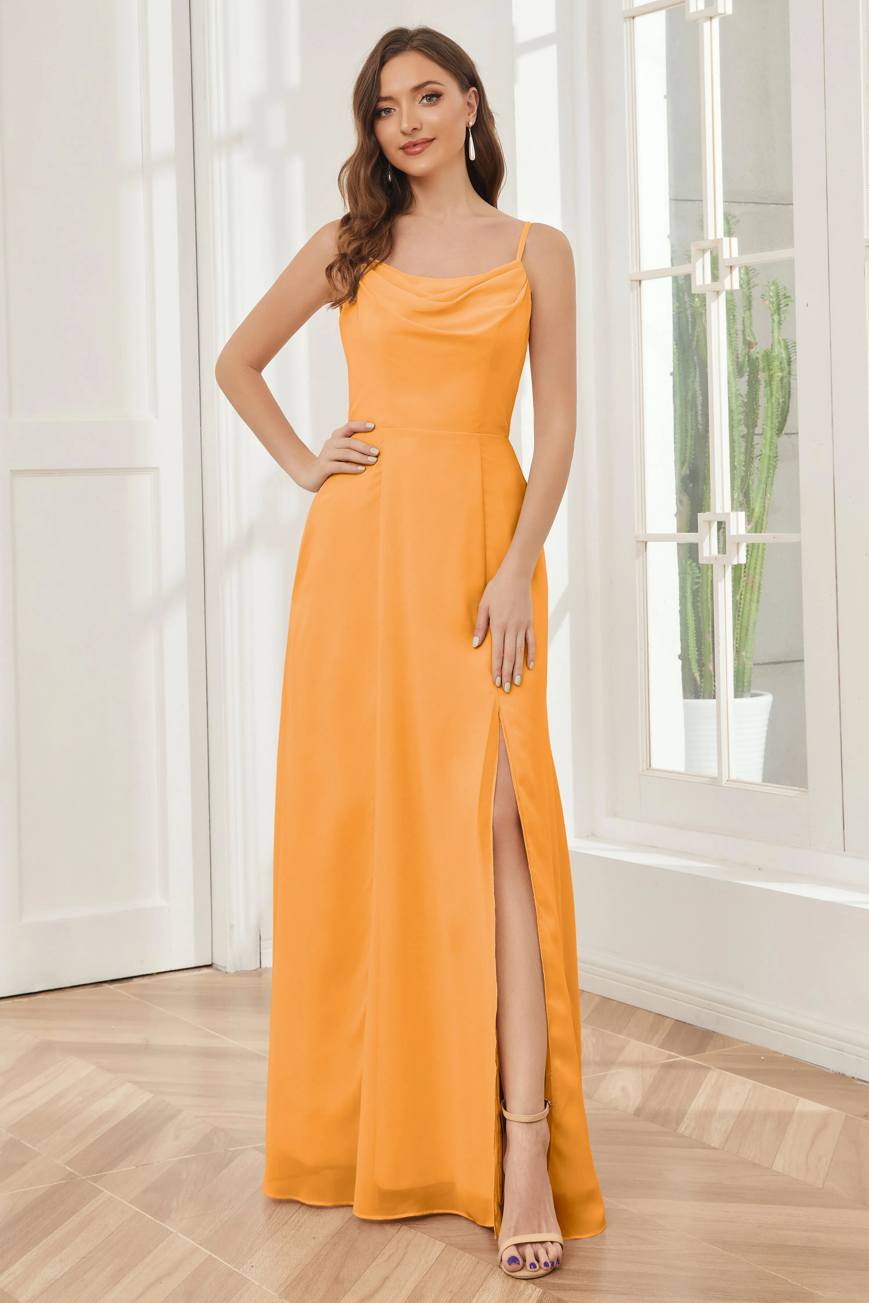 Spaghetti Straps Chiffon Long Bridesmaid Dresses with Slit