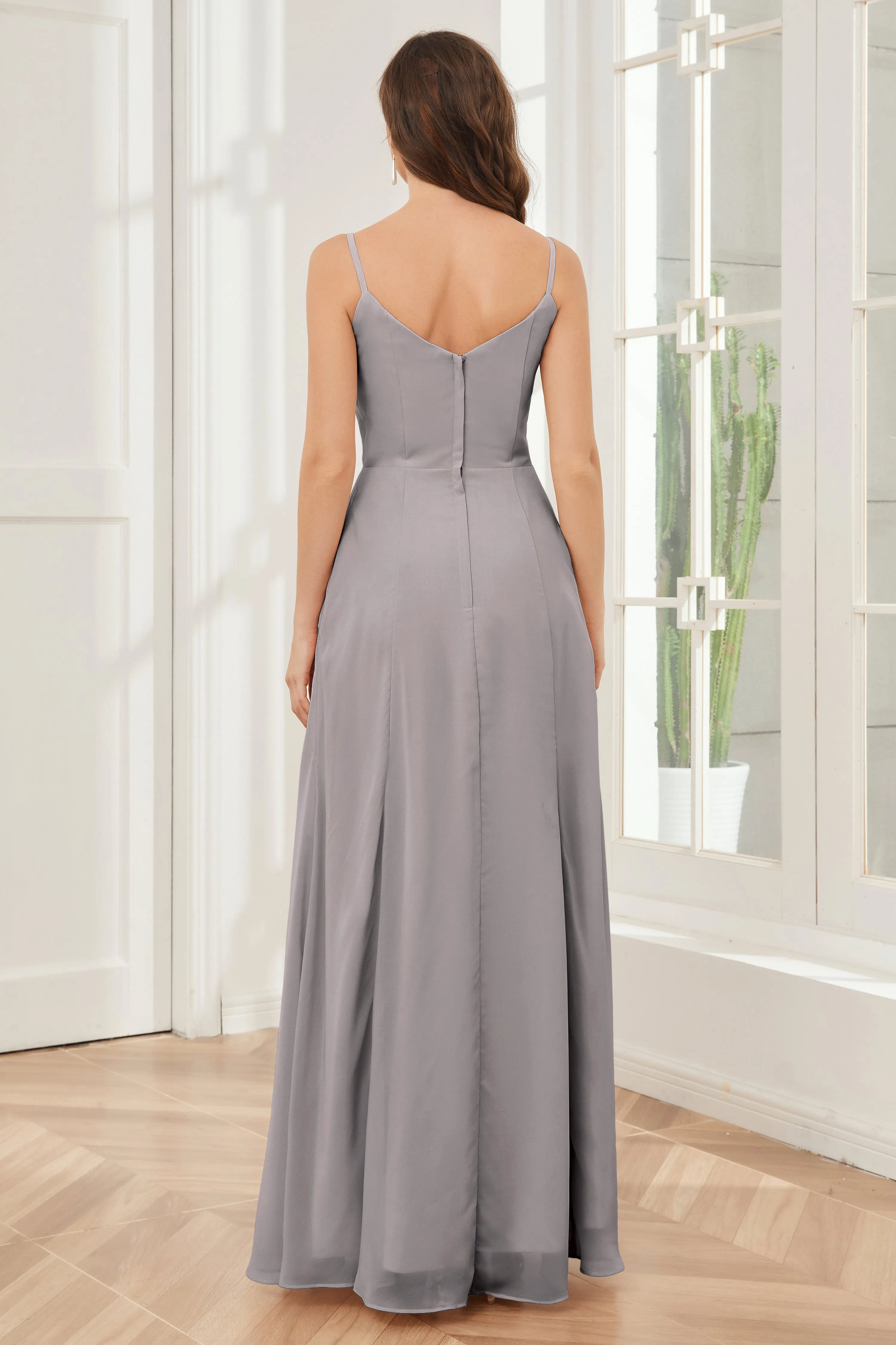 Spaghetti Straps Chiffon Long Bridesmaid Dresses with Slit