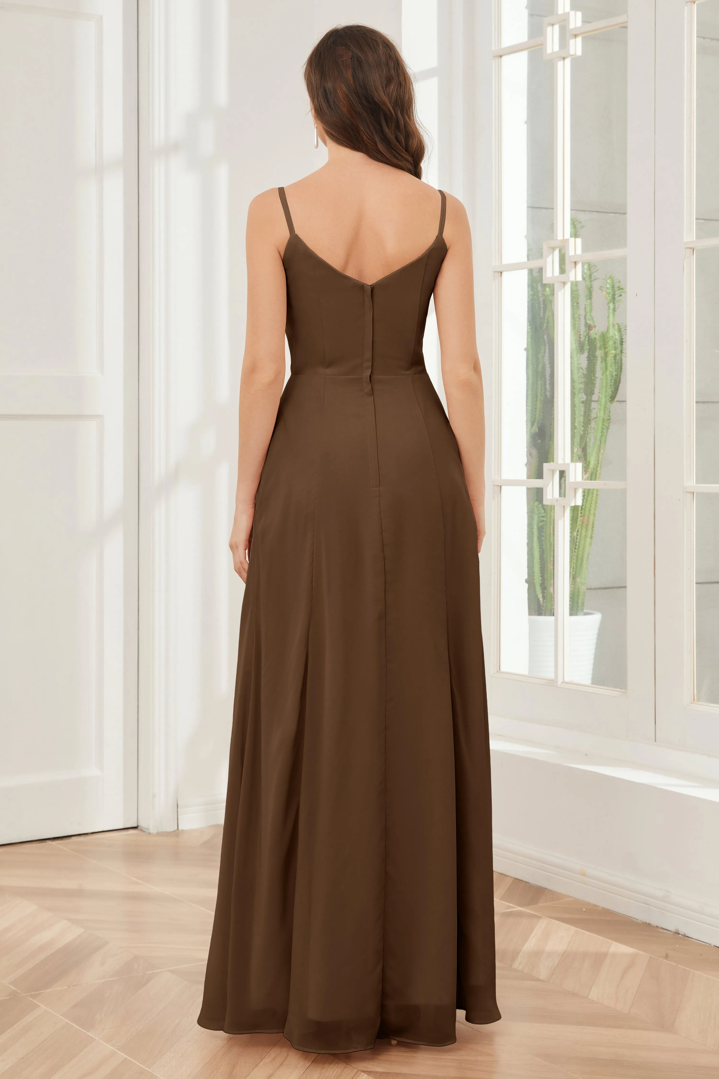 Spaghetti Straps Chiffon Long Bridesmaid Dresses with Slit