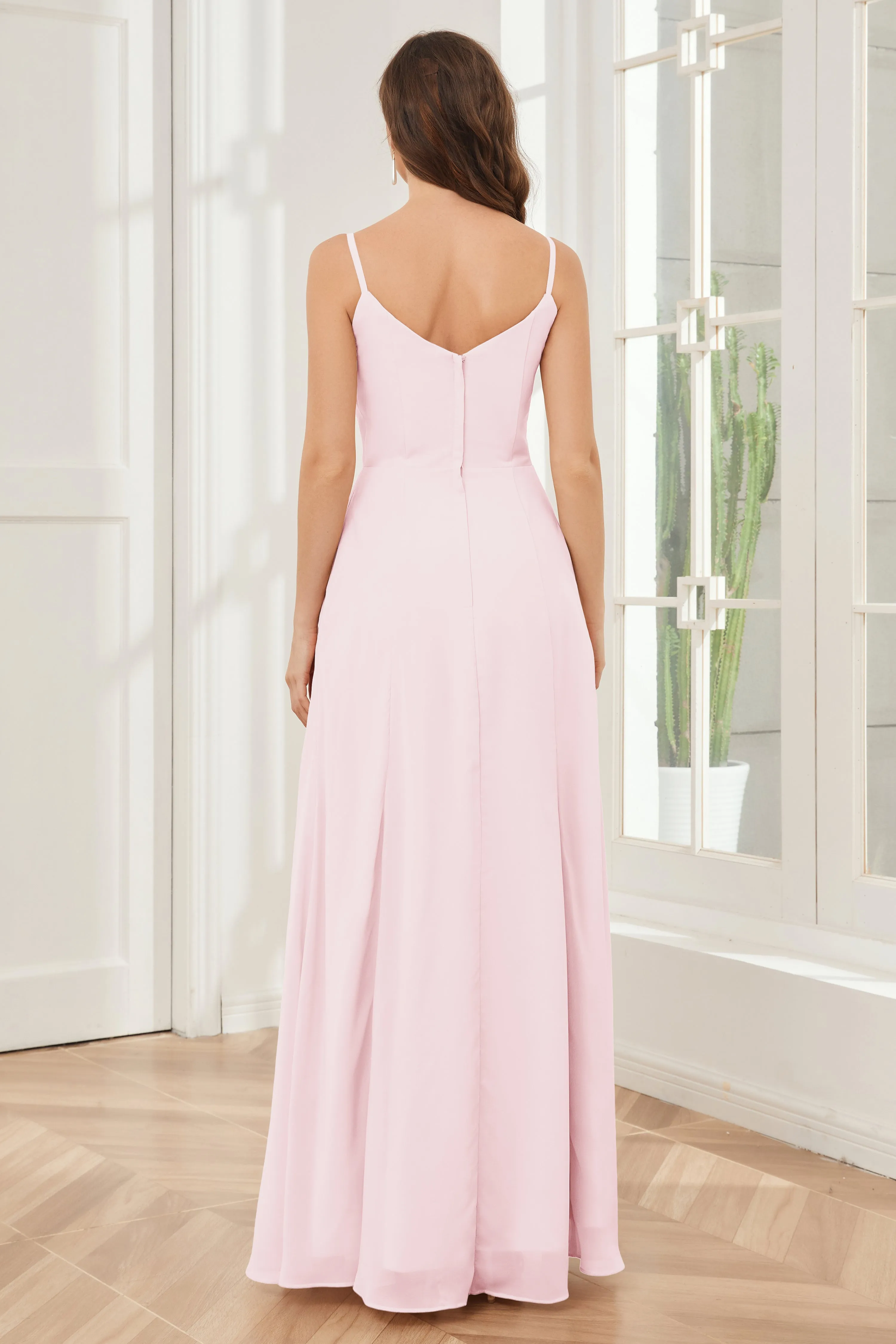 Spaghetti Straps Chiffon Long Bridesmaid Dresses with Slit