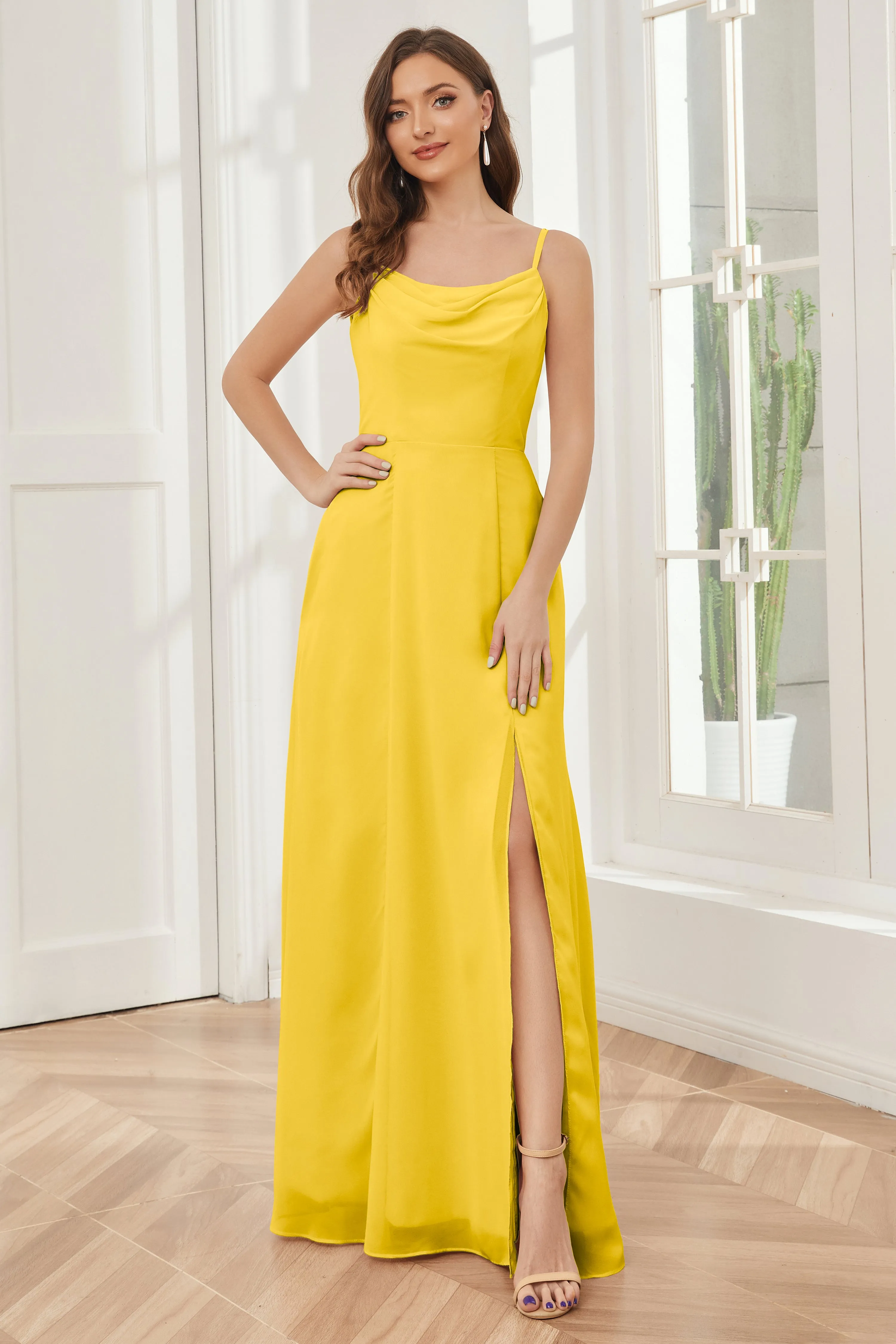 Spaghetti Straps Chiffon Long Bridesmaid Dresses with Slit