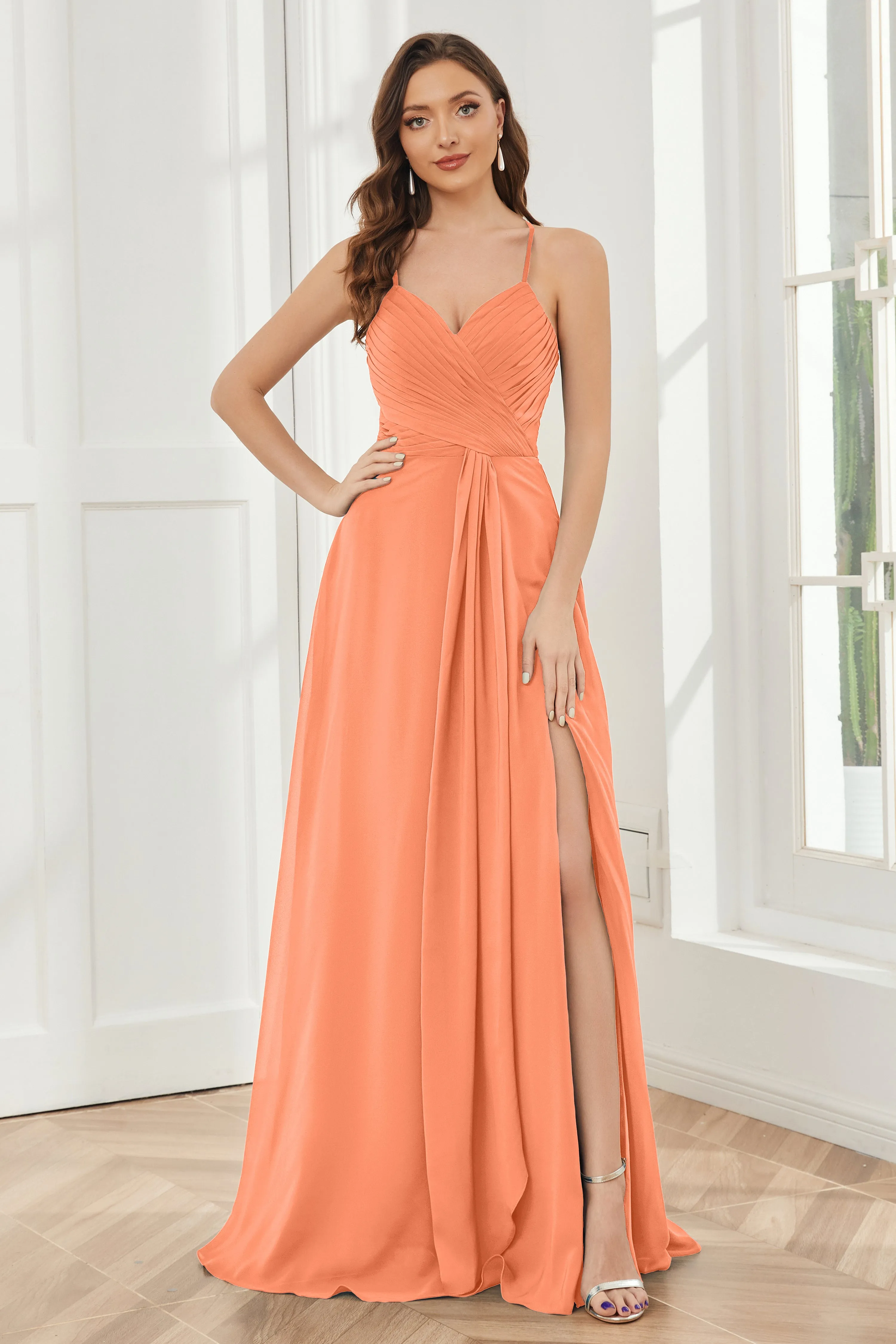 Spaghetti Straps Split Chiffon Bridesmaid Dresses