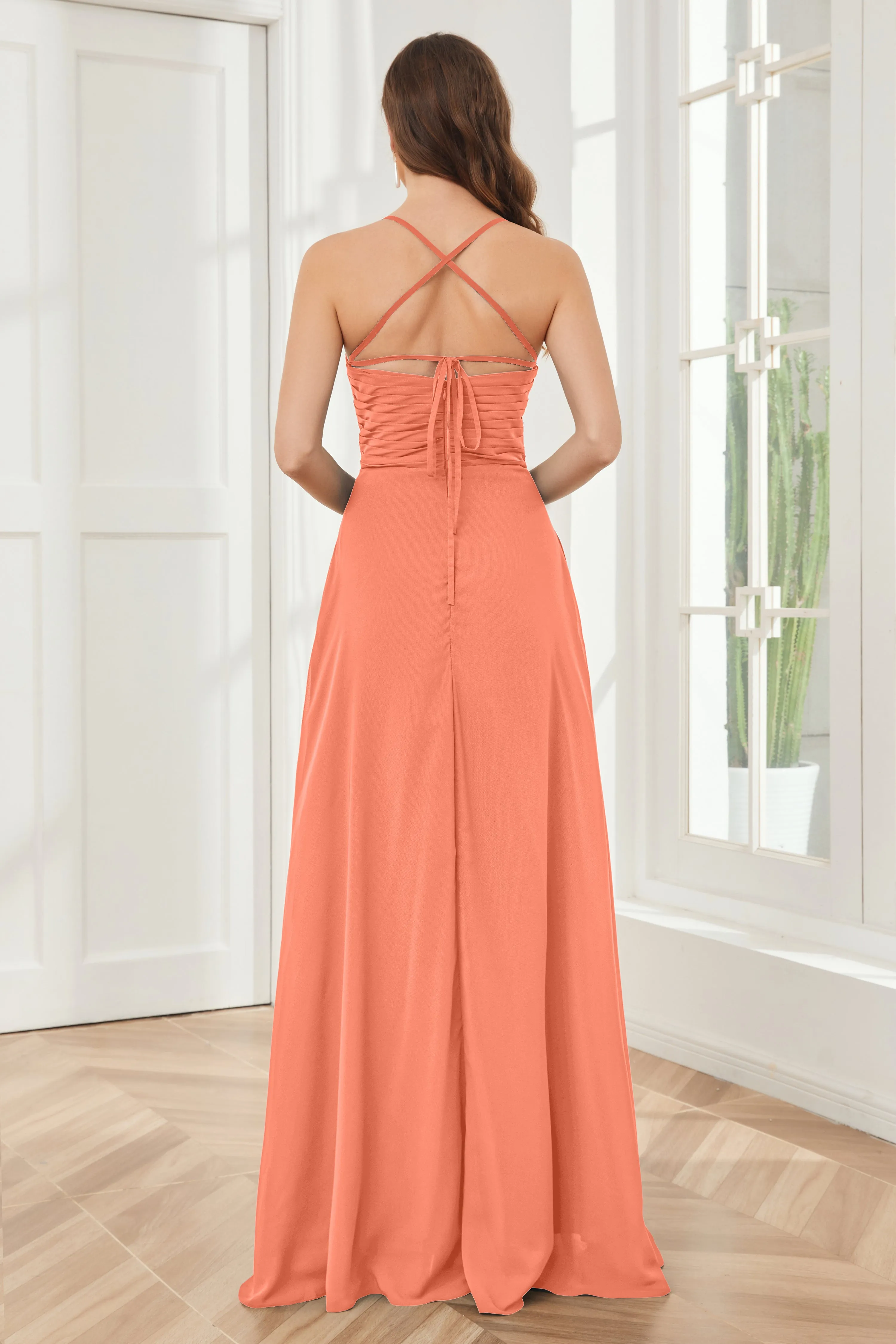 Spaghetti Straps Split Chiffon Bridesmaid Dresses