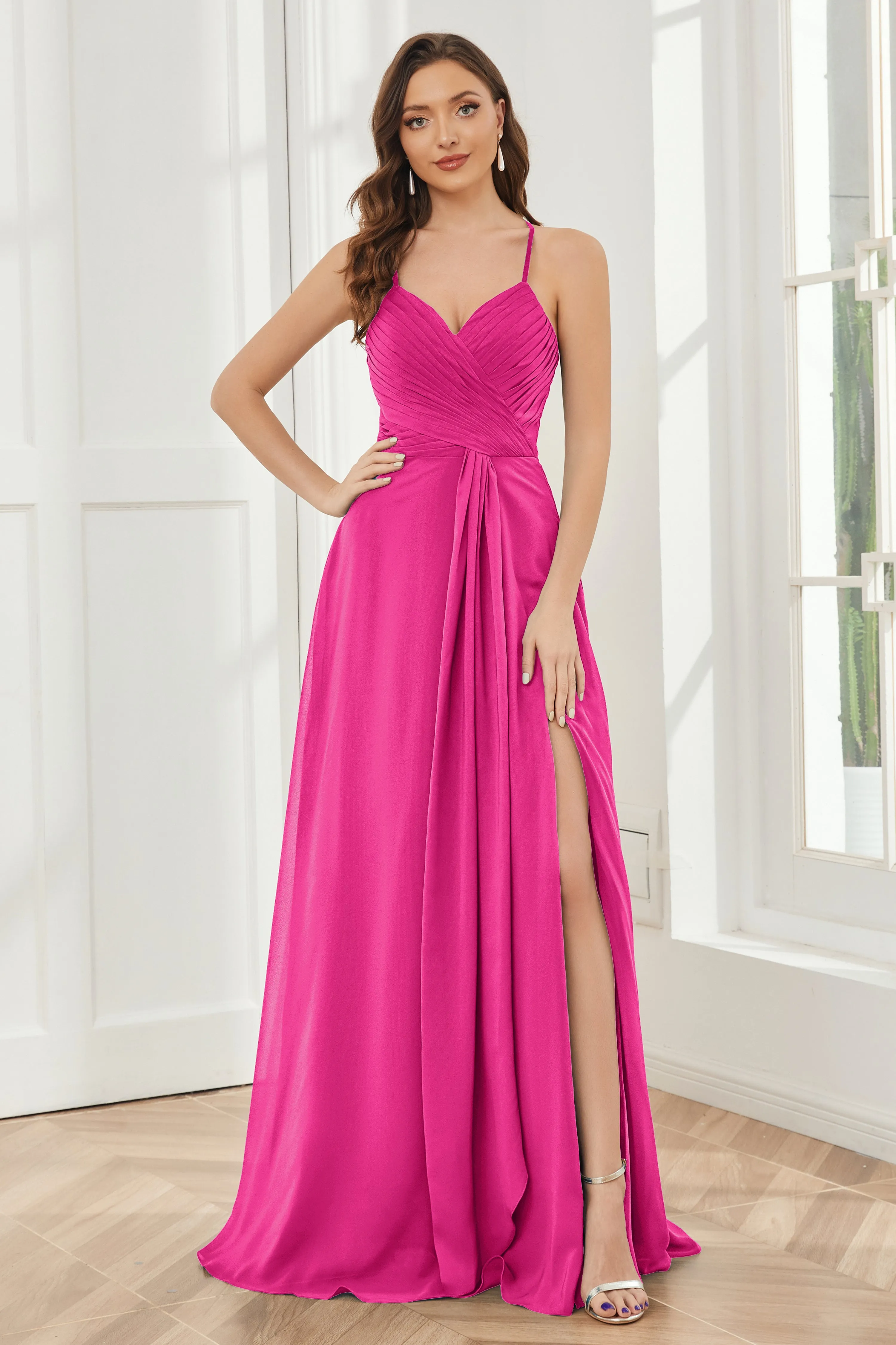 Spaghetti Straps Split Chiffon Bridesmaid Dresses