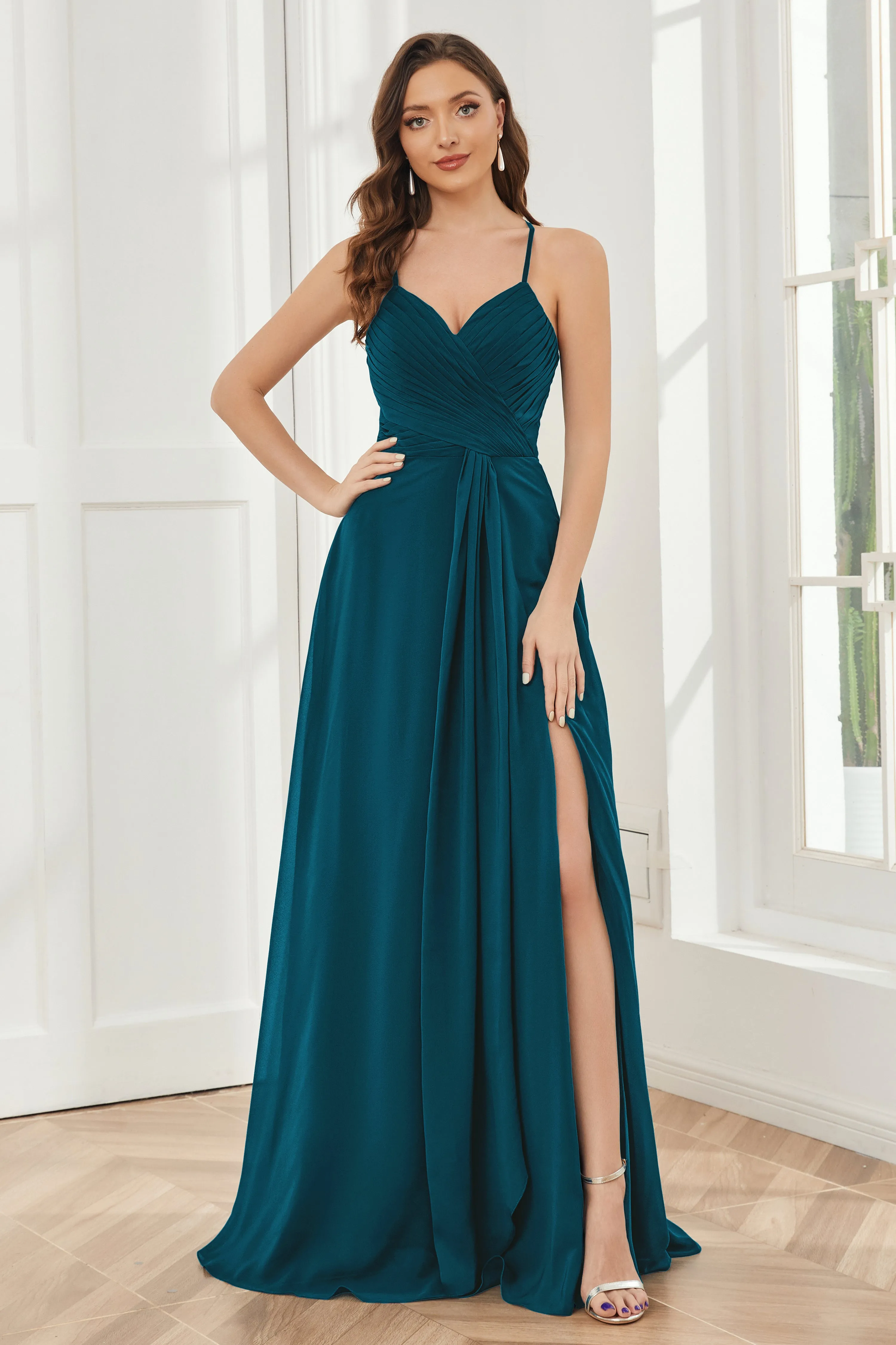 Spaghetti Straps Split Chiffon Bridesmaid Dresses