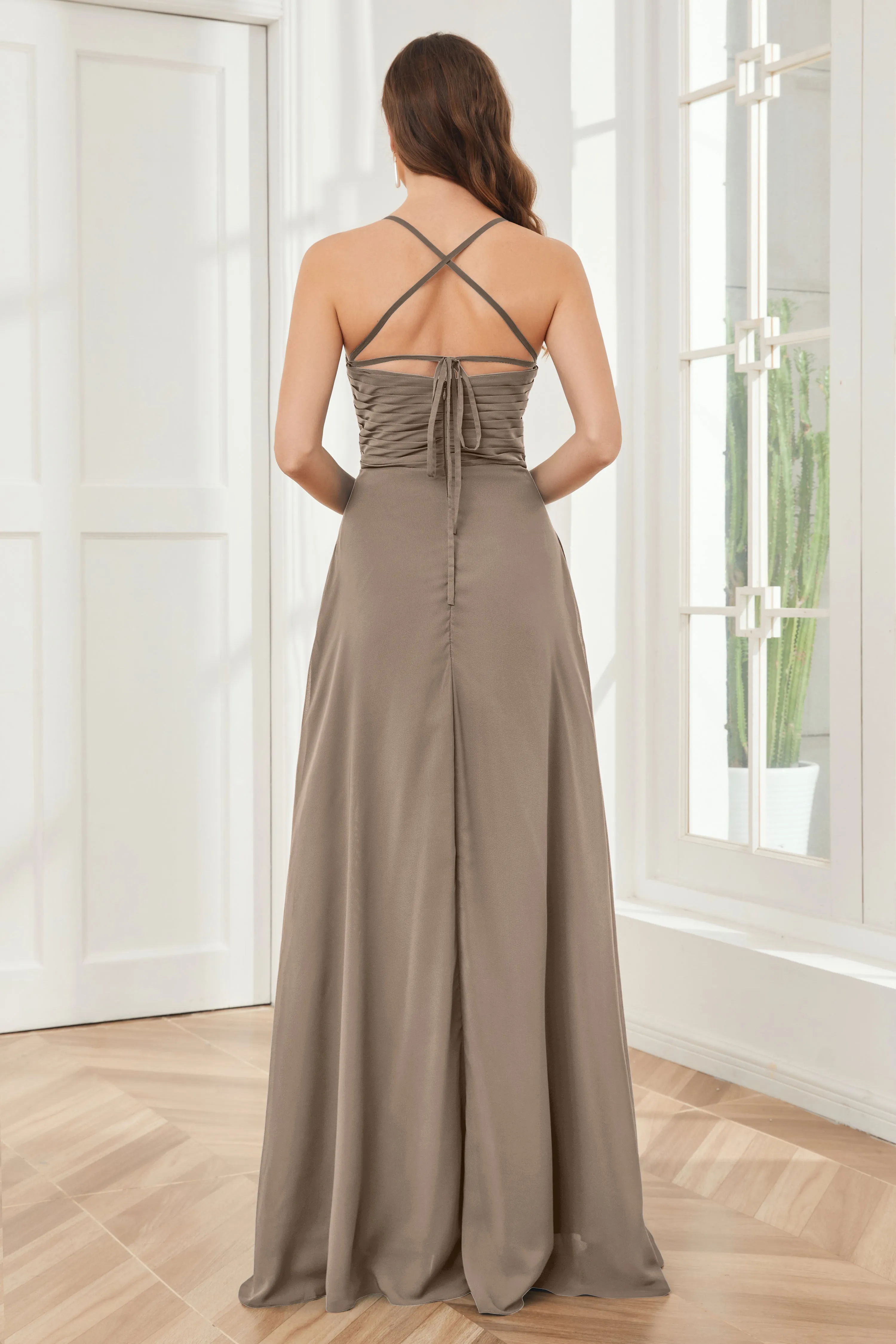 Spaghetti Straps Split Chiffon Bridesmaid Dresses